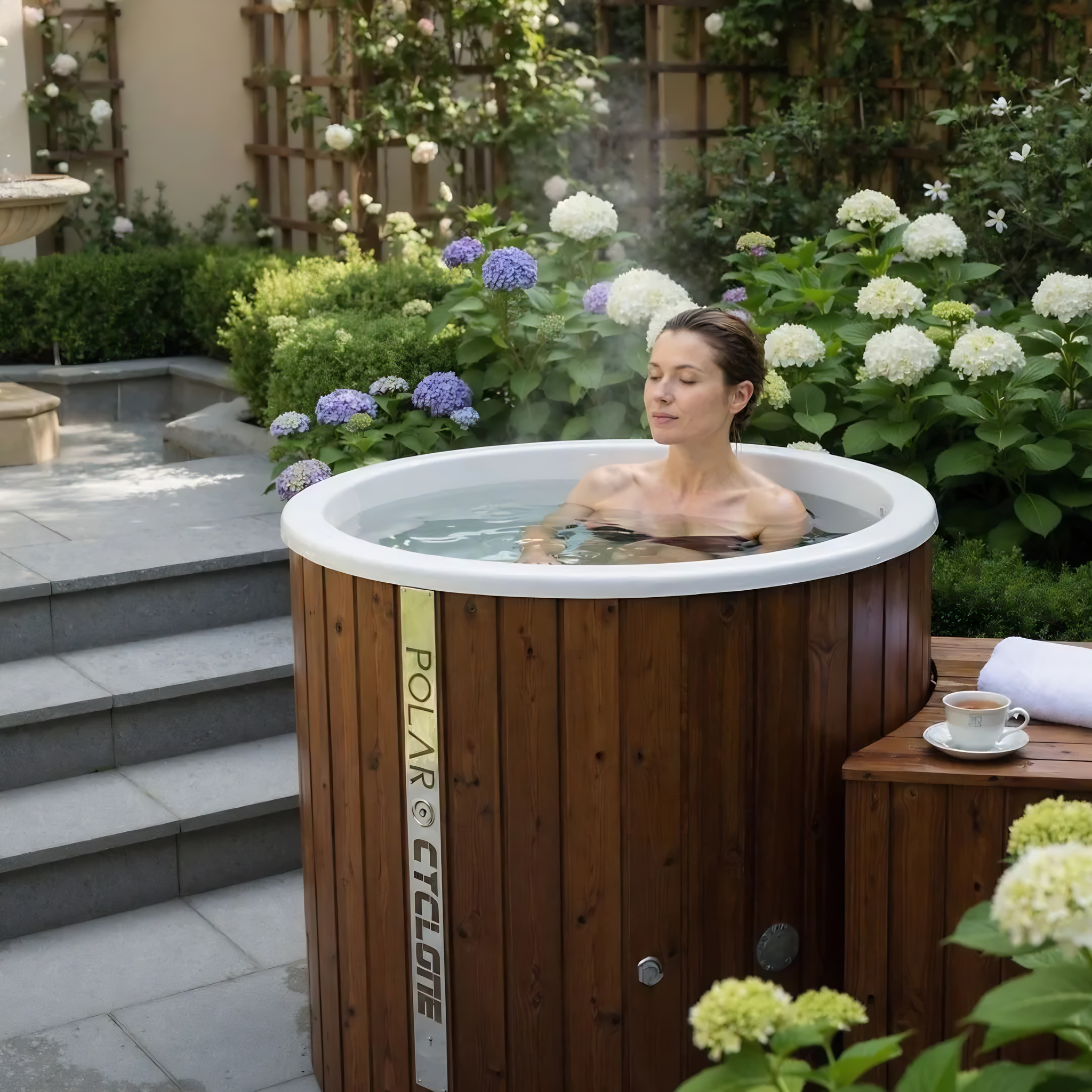 Polar Recovery Cyclone wooden ice bath in natural wood, woman bathing in flower garden