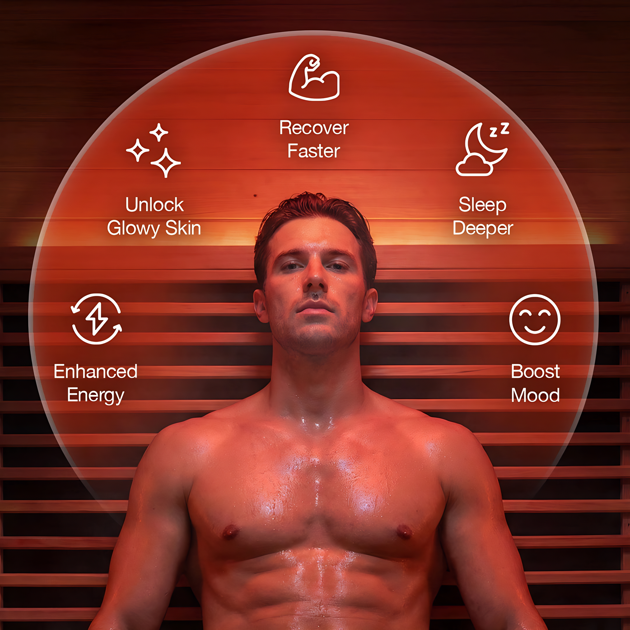 Polar Recovery Eclipse 2 person outdoor infrared sauna, benefits graphic with man