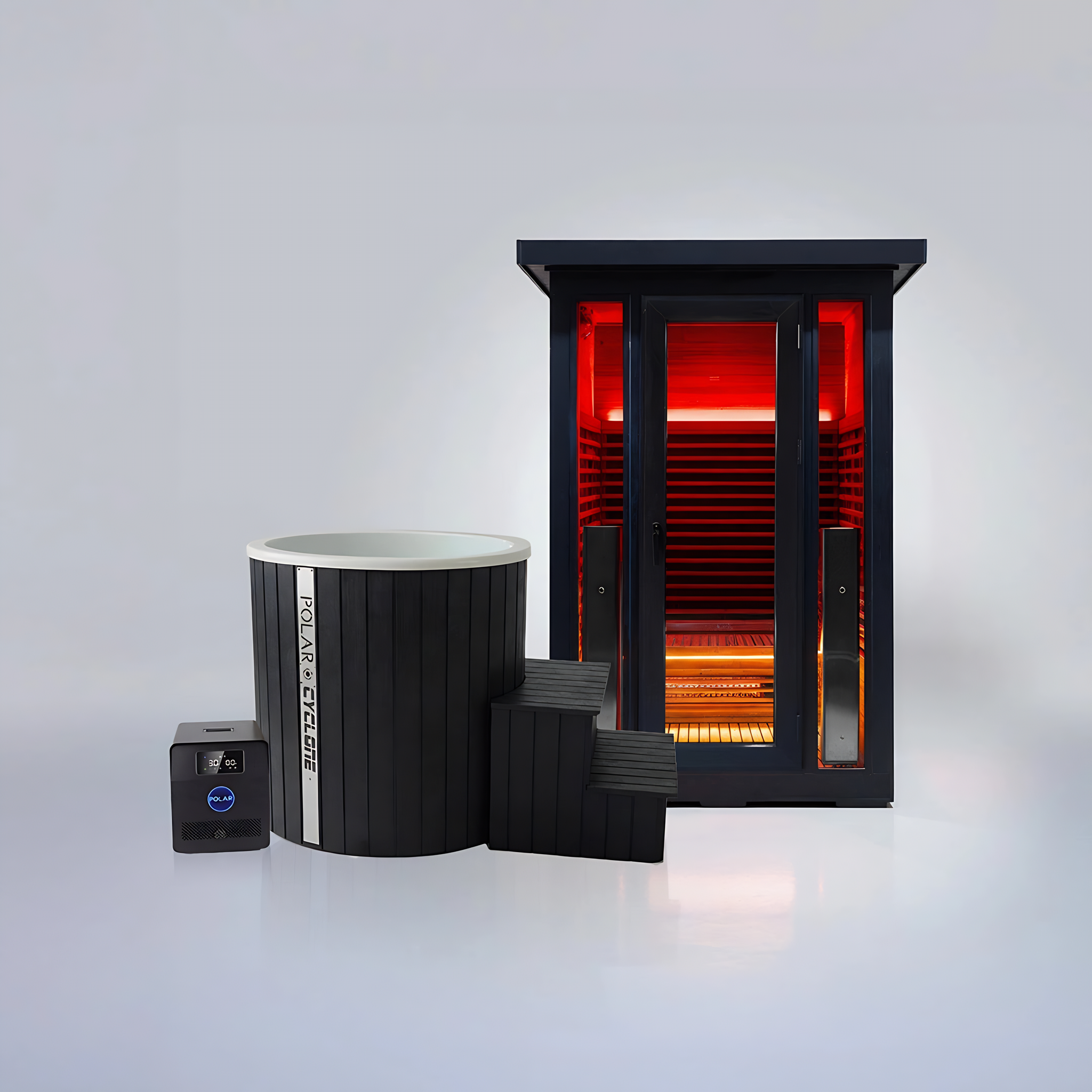 Polar Recovery Eclipse 2 person outdoor infrared sauna with black Cyclone ice bath bundle