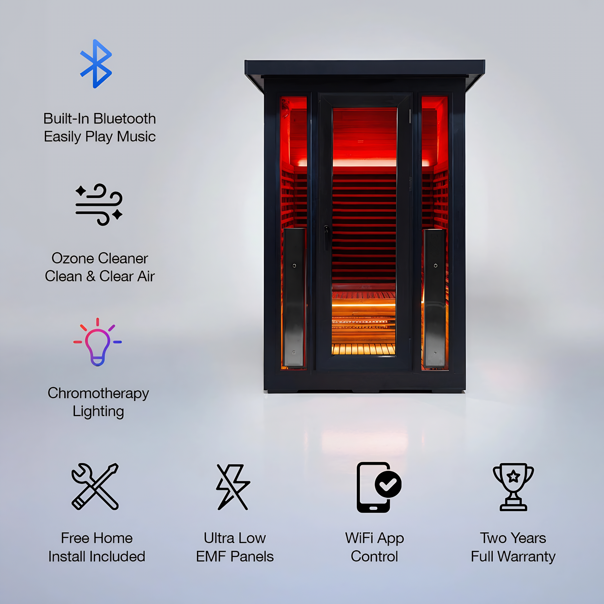 Polar Recovery Eclipse 2 person outdoor infrared sauna with feature icons