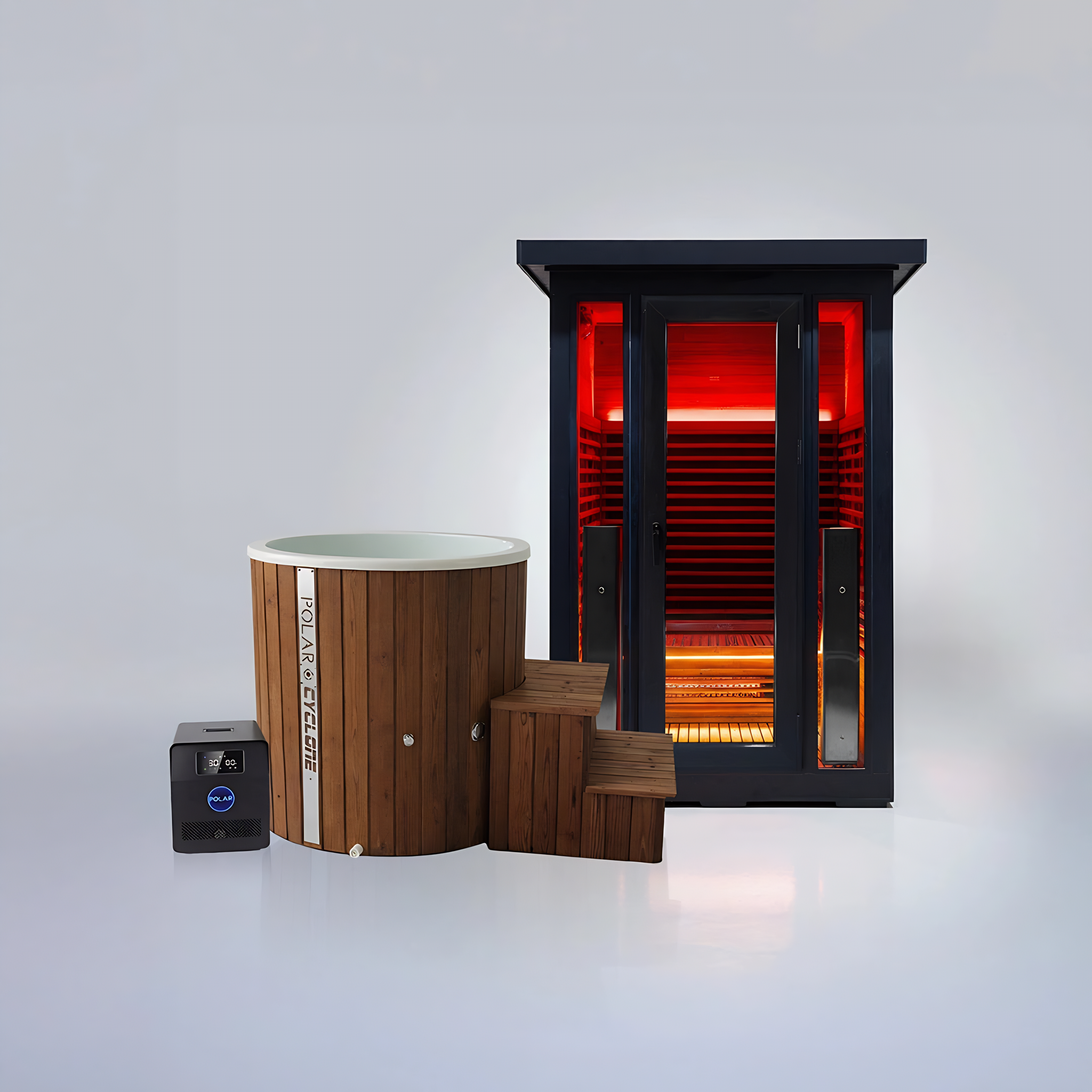 Polar Recovery Eclipse 2 person outdoor infrared sauna with wood Cyclone ice bath bundle