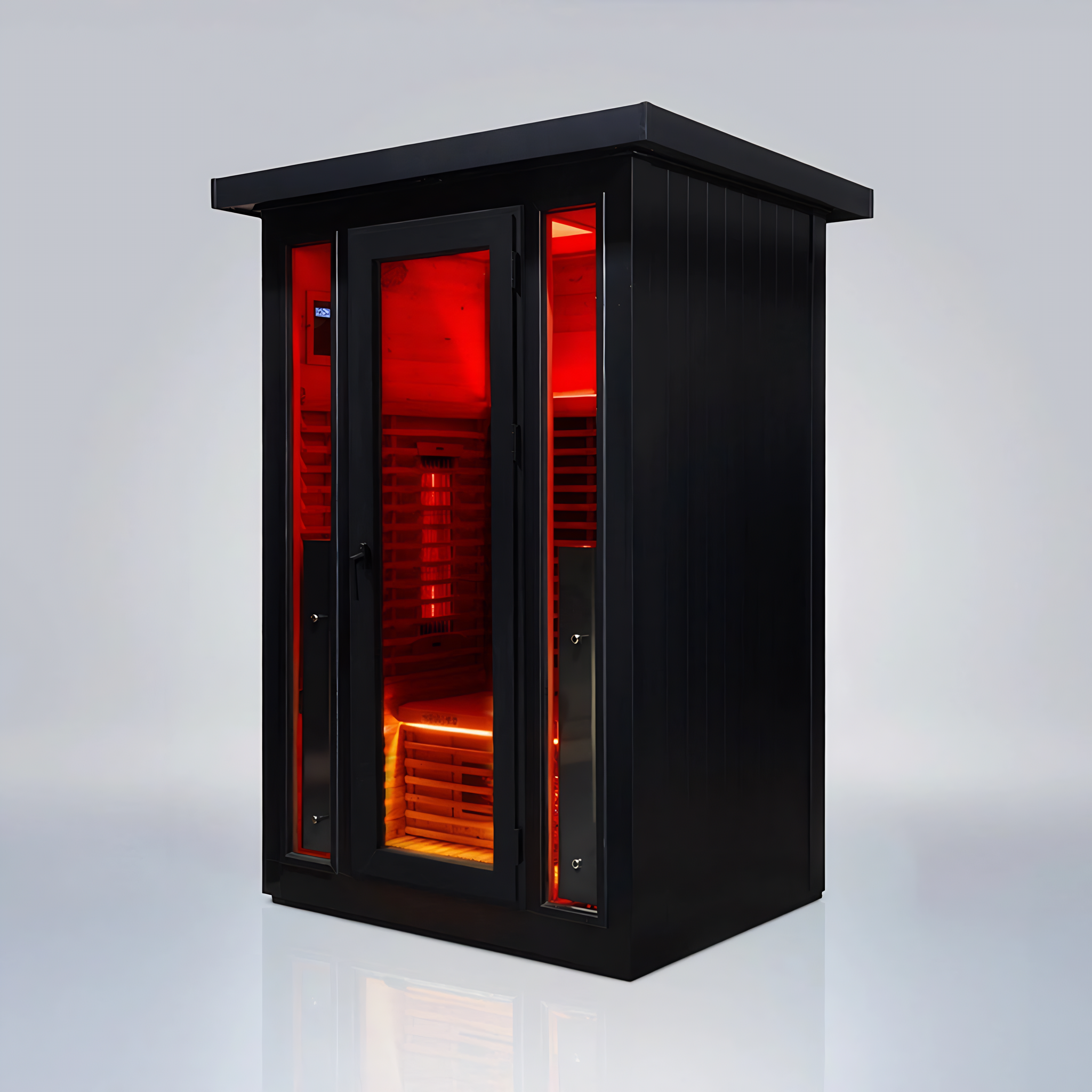 Polar Recovery Eclipse 2 person outdoor infrared sauna, black front view on a white background