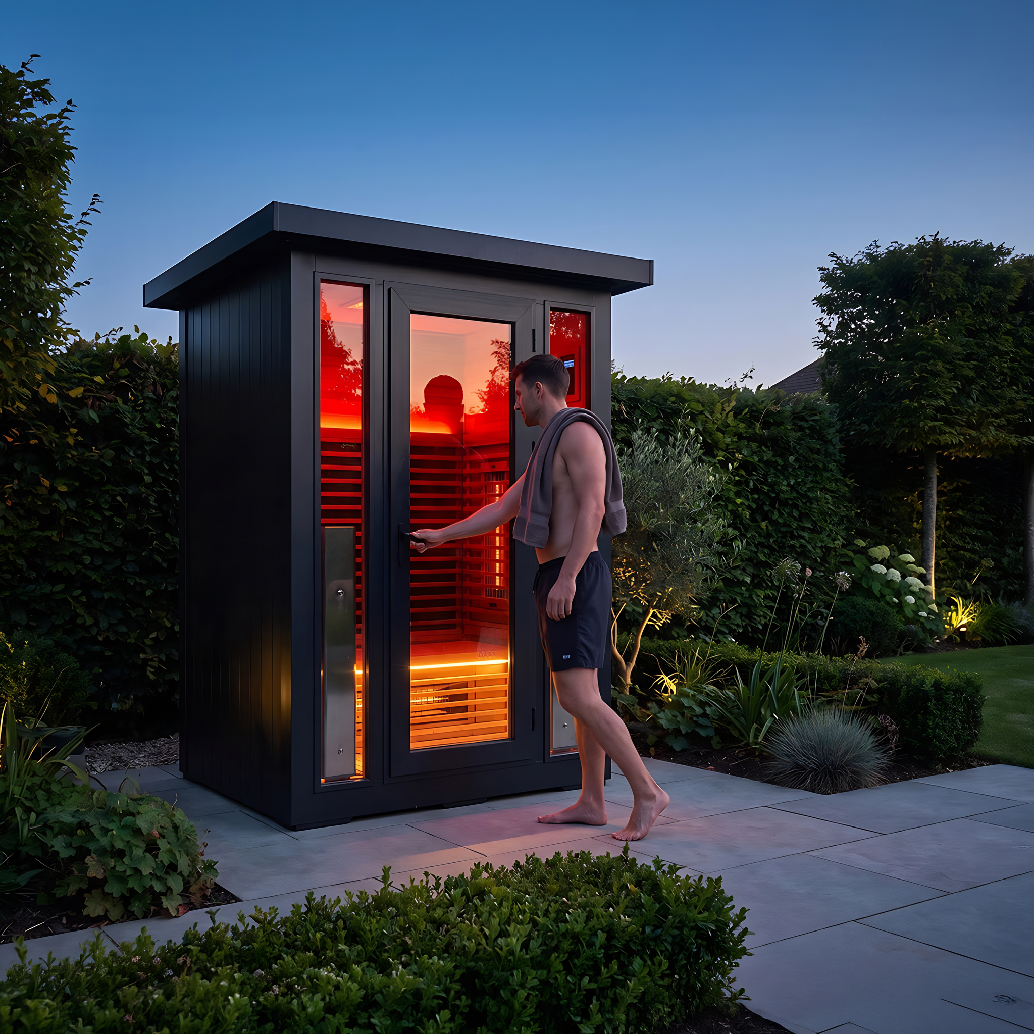 Polar Recovery Eclipse 2 person outdoor infrared sauna, man entering at dusk