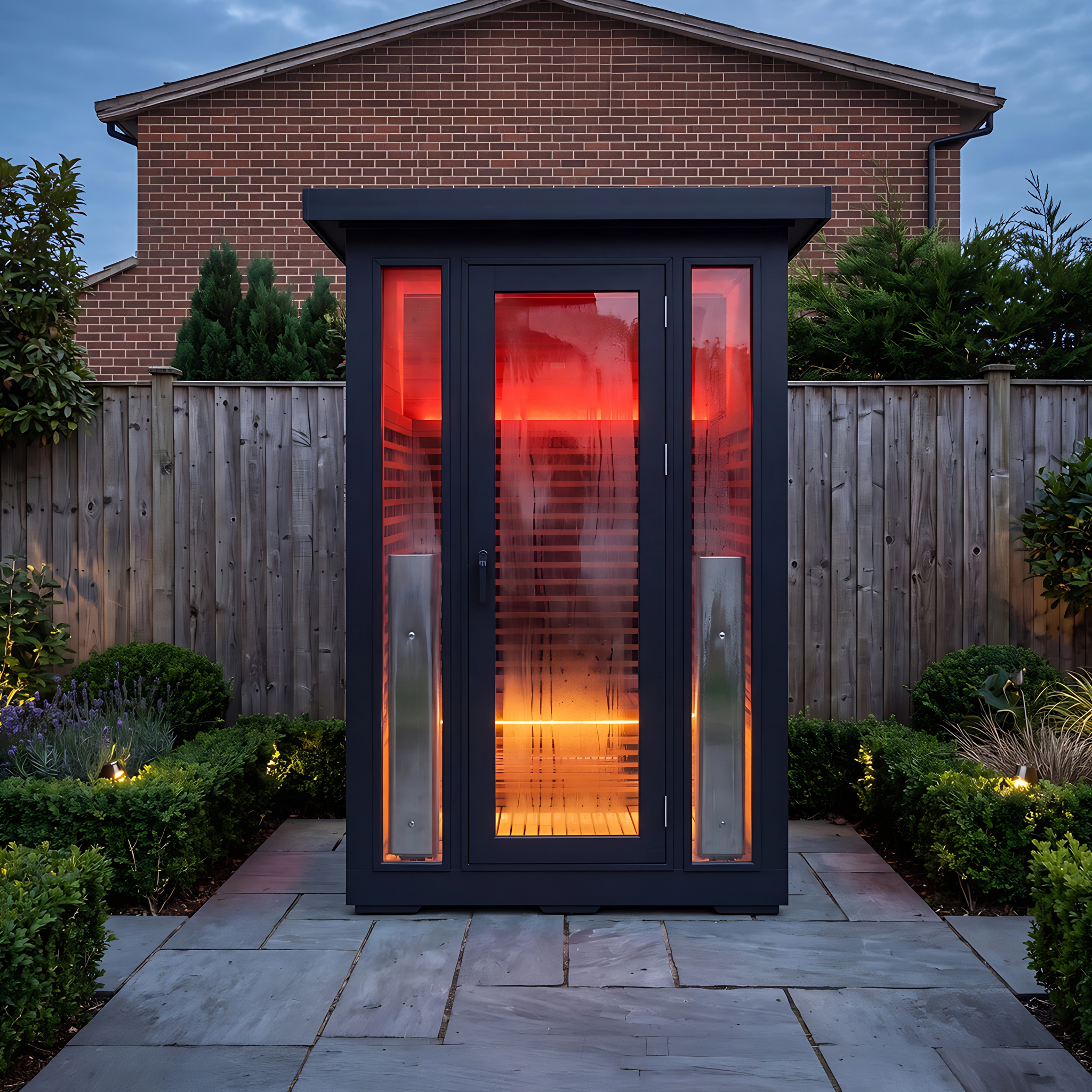 Polar Recovery Eclipse 2 person outdoor infrared sauna on garden patio