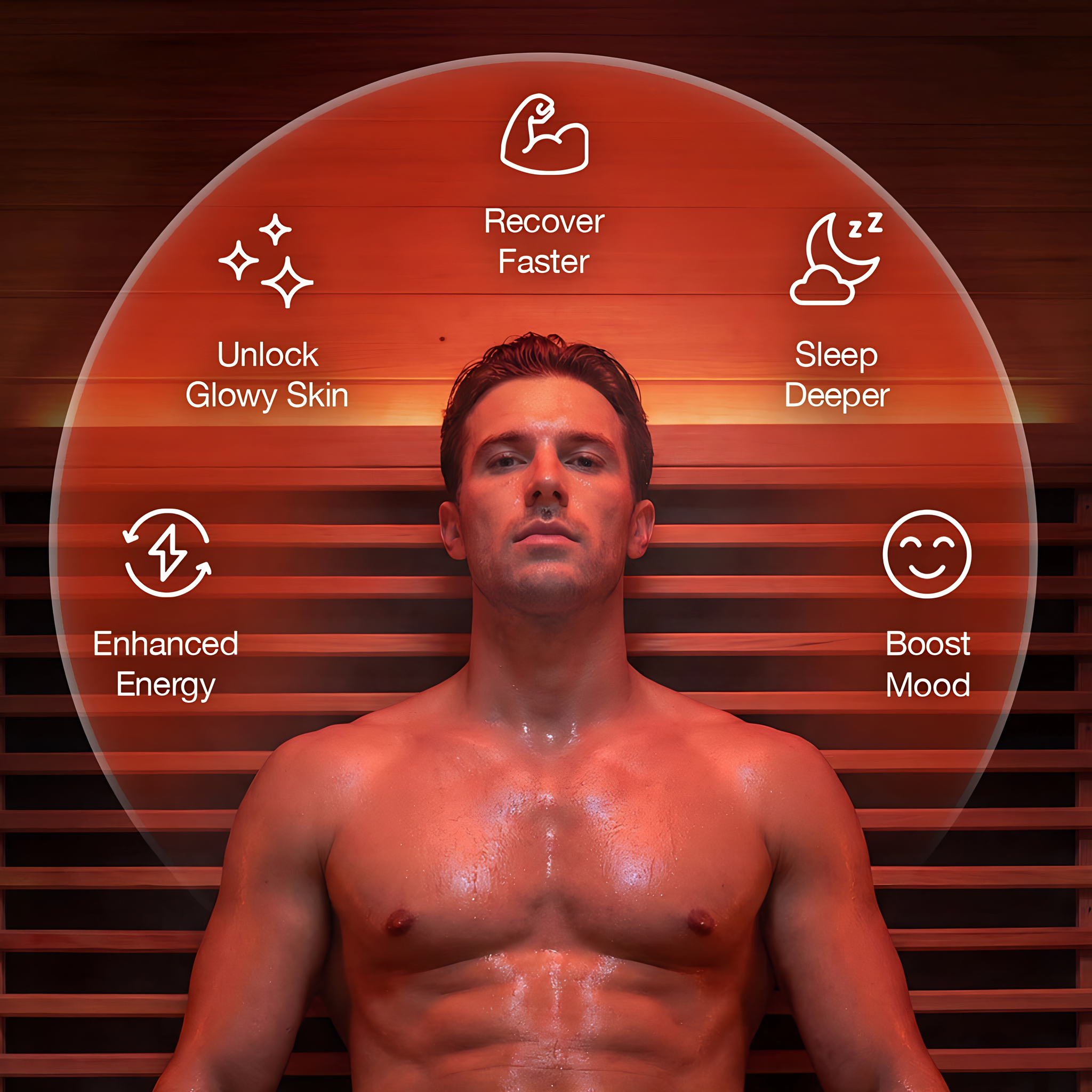 Polar Recovery Eclipse 3 person outdoor infrared sauna, benefits graphic with man