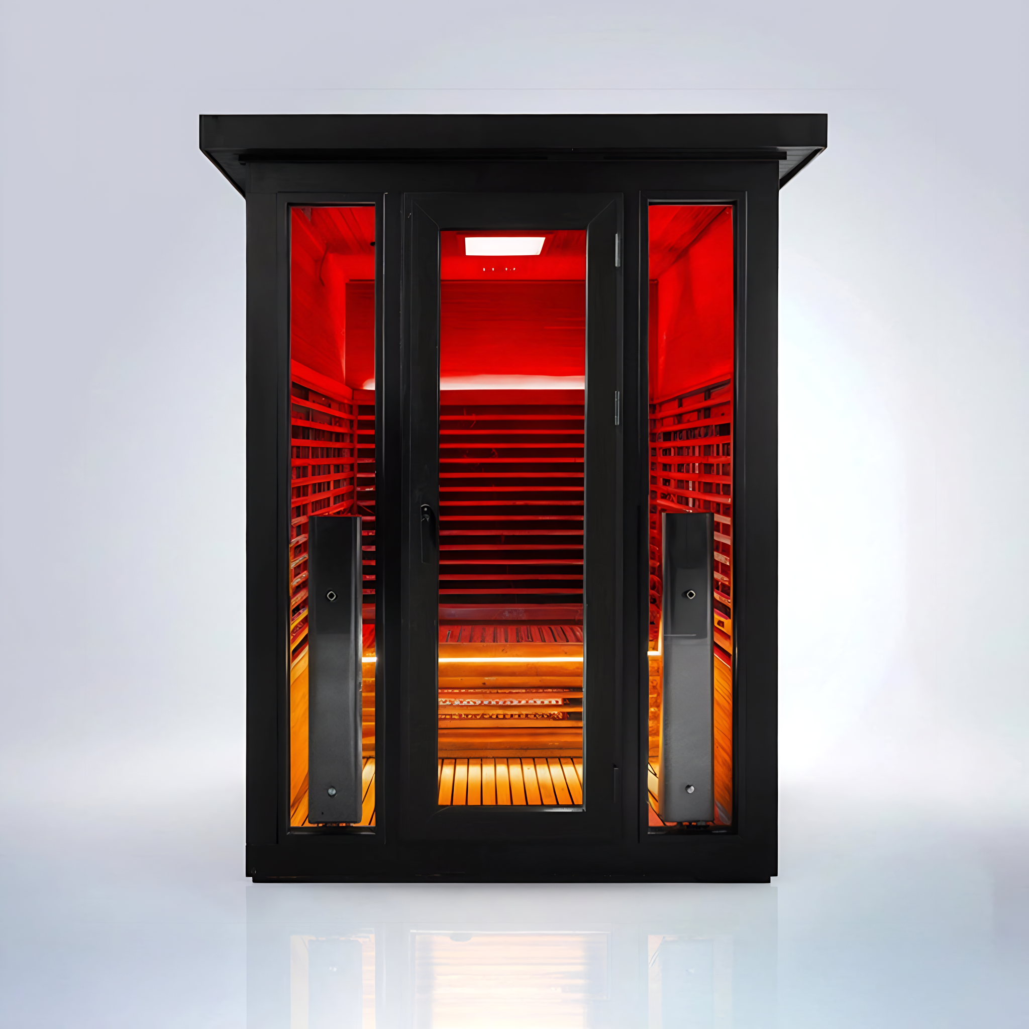 Polar Recovery Eclipse 3 person outdoor infrared sauna, red light front view