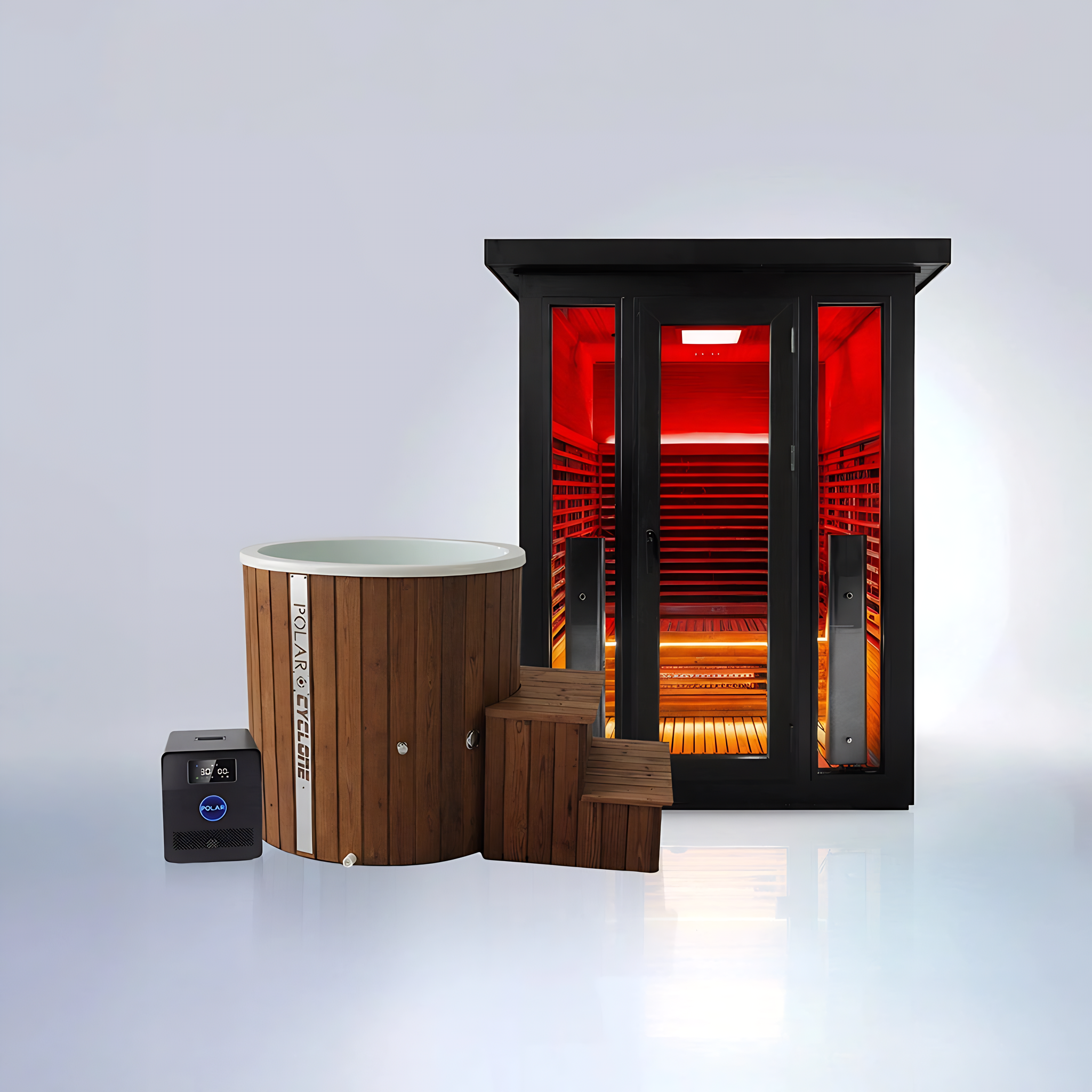 Polar Recovery Eclipse 3 person outdoor infrared sauna with wood Cyclone ice bath bundle