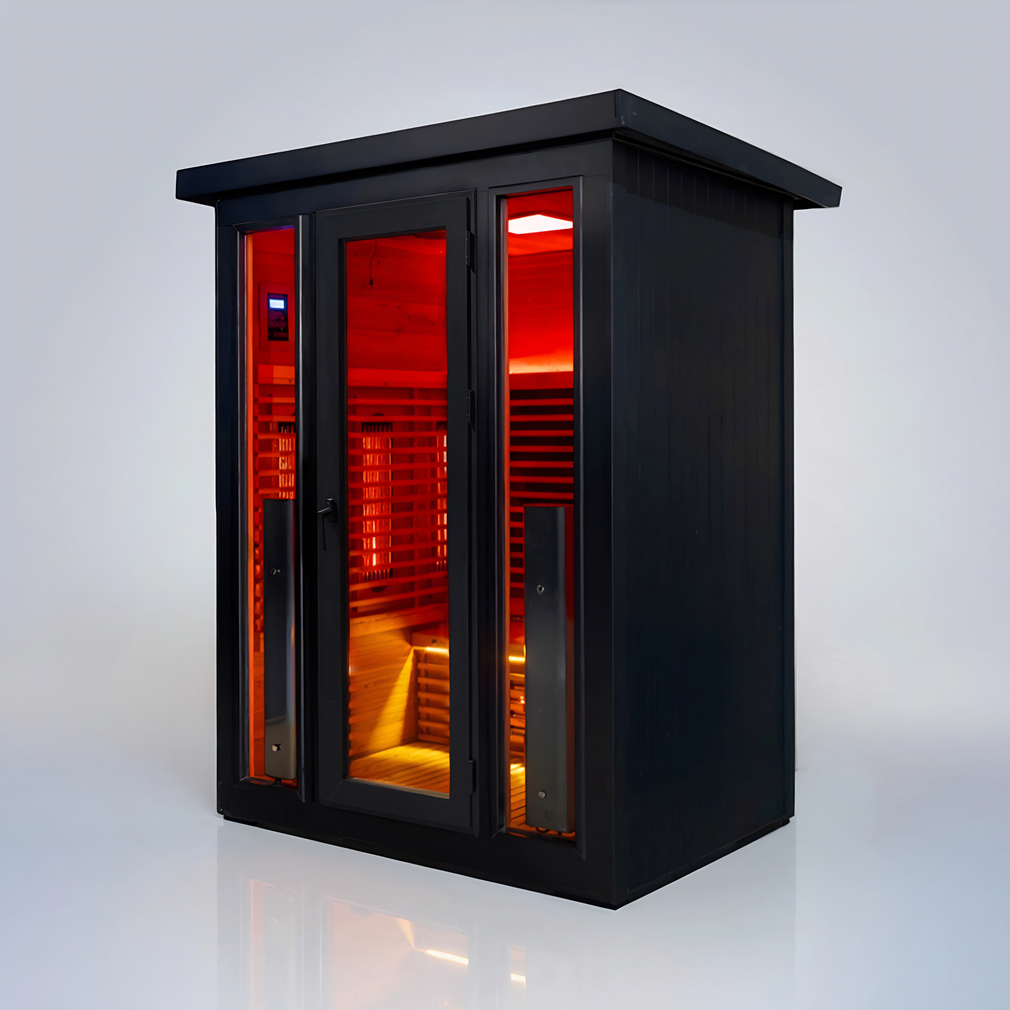 Polar Recovery Eclipse 3 person outdoor infrared sauna, black angled view on a white background