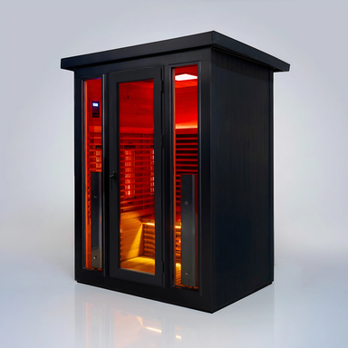 Polar Recovery Eclipse 3 person outdoor infrared sauna, black angled view on a white background