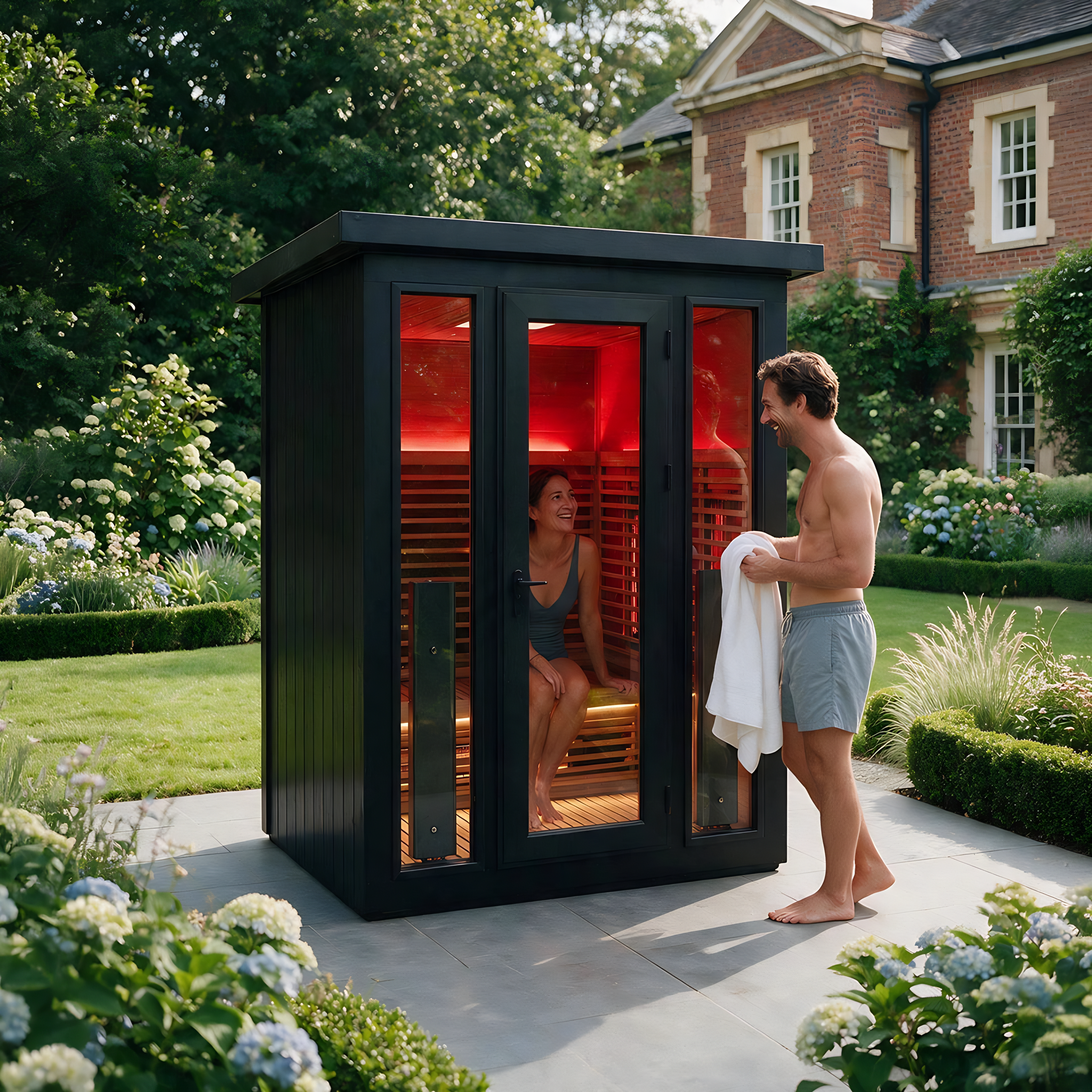 Polar Recovery Eclipse 3 person outdoor infrared sauna, couple in manor garden