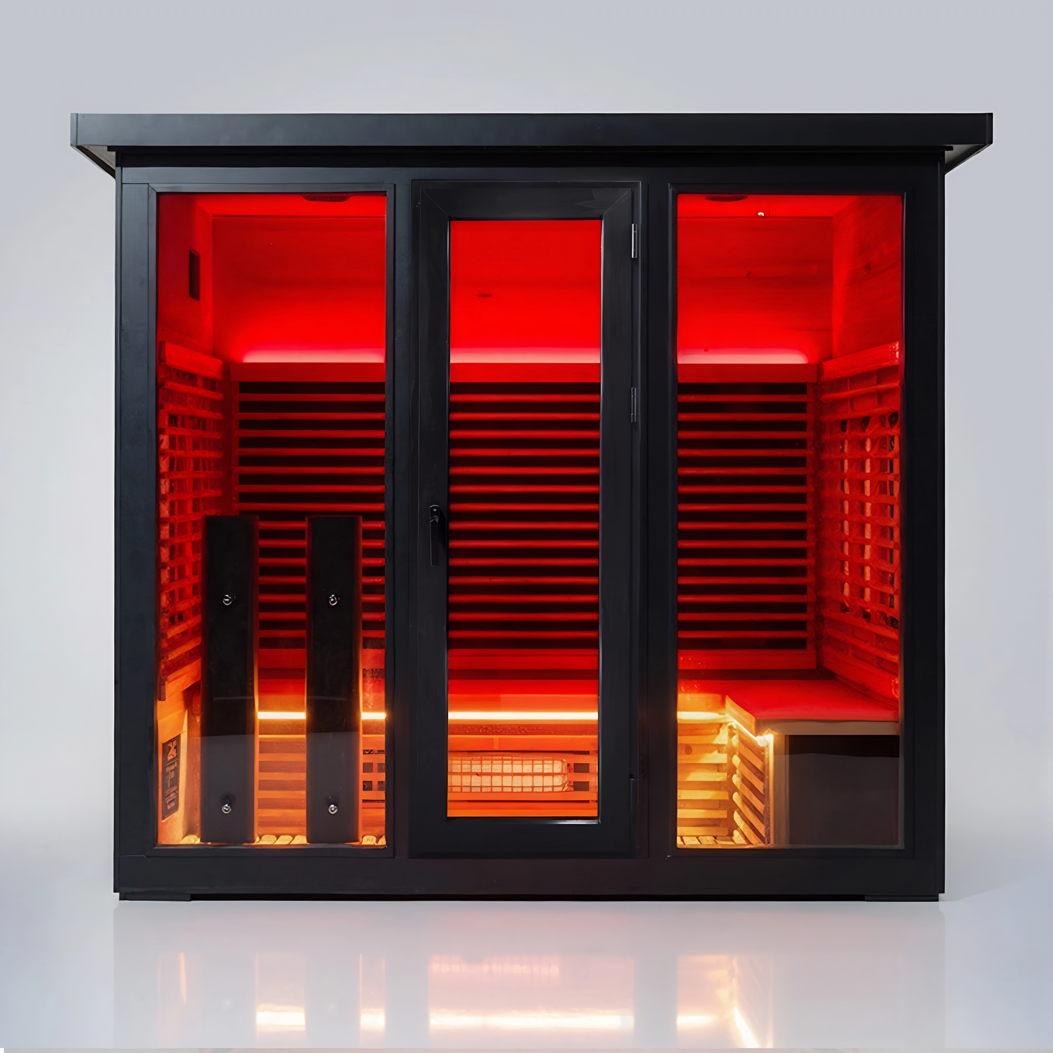 Polar Recovery Eclipse 5 person outdoor infrared sauna, red light front view