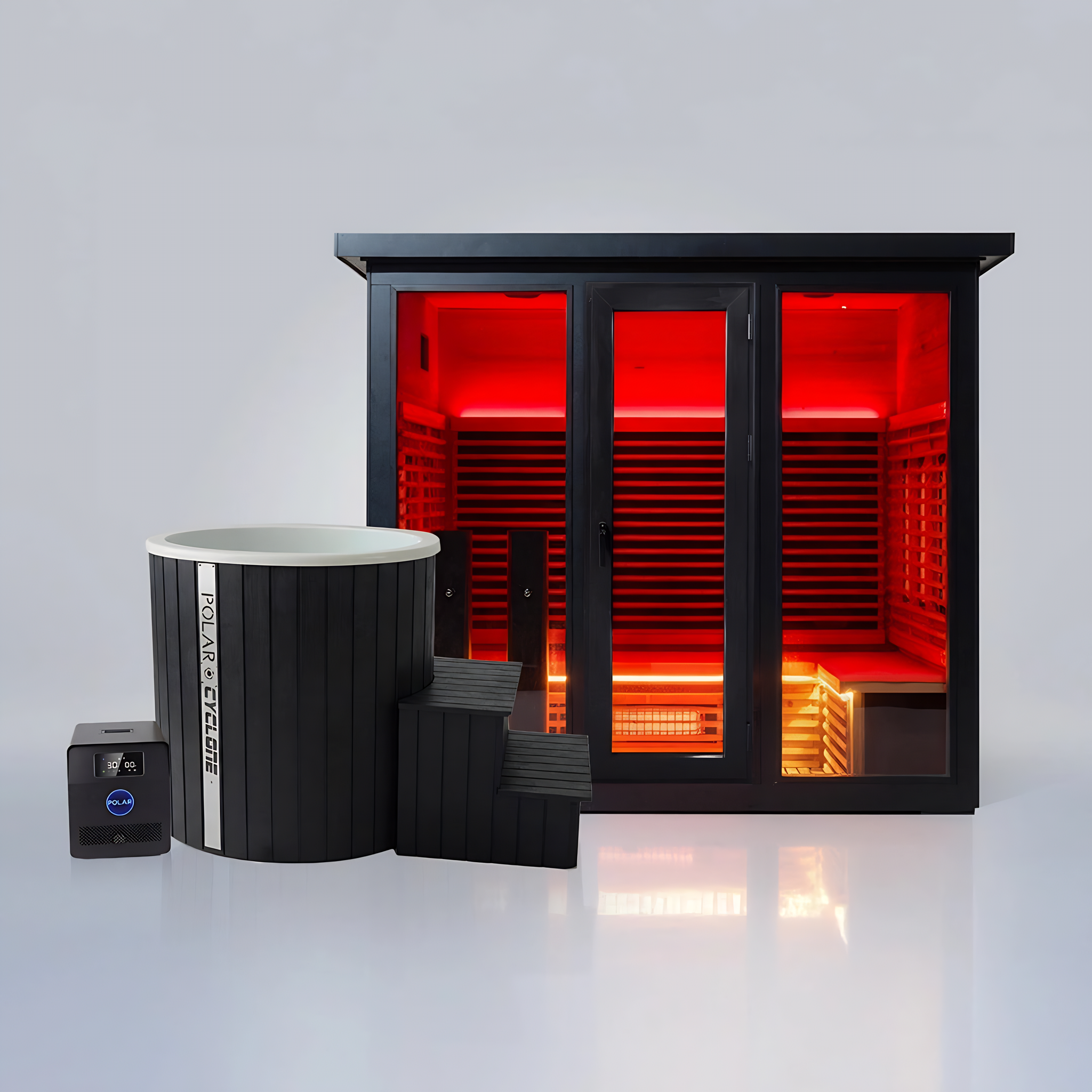 Polar Recovery Eclipse 5 person outdoor infrared sauna with black Cyclone ice bath bundle