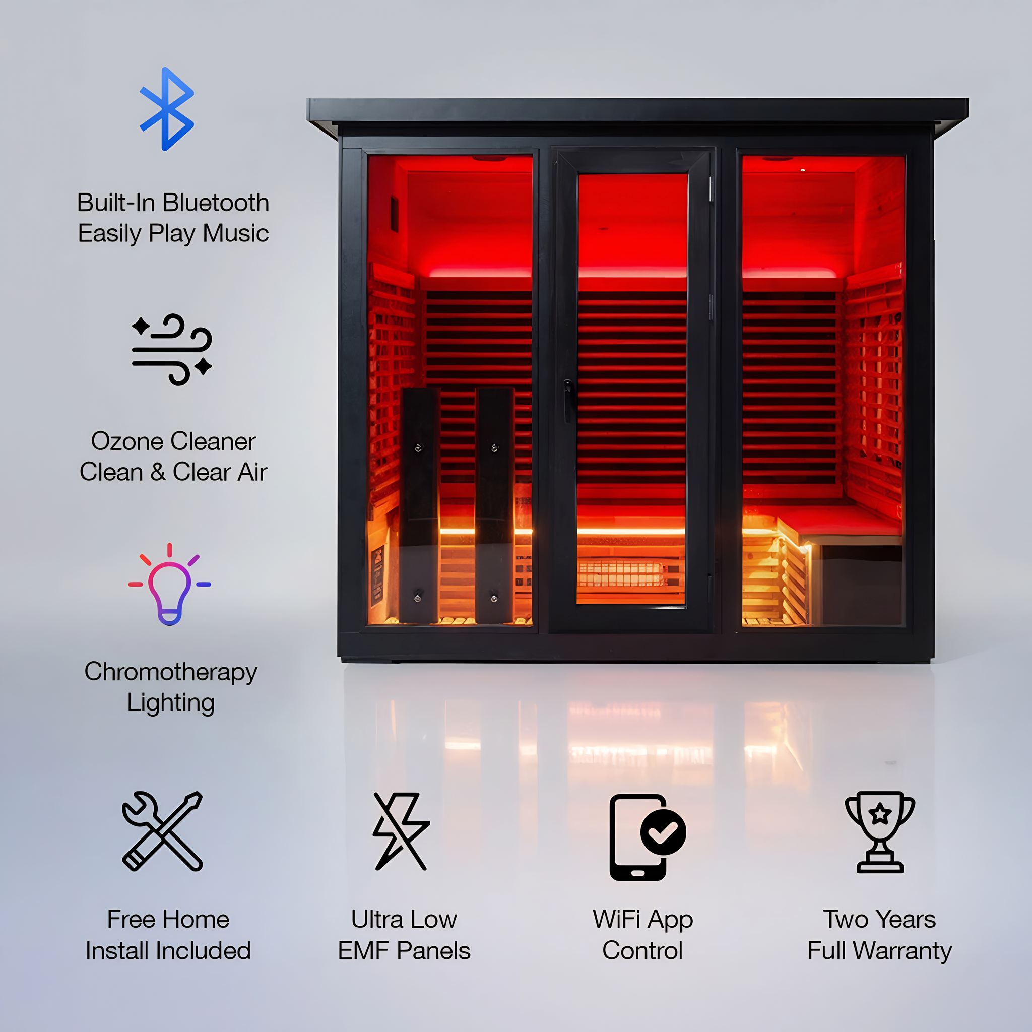 Polar Recovery Eclipse 5 person outdoor infrared sauna with feature icons