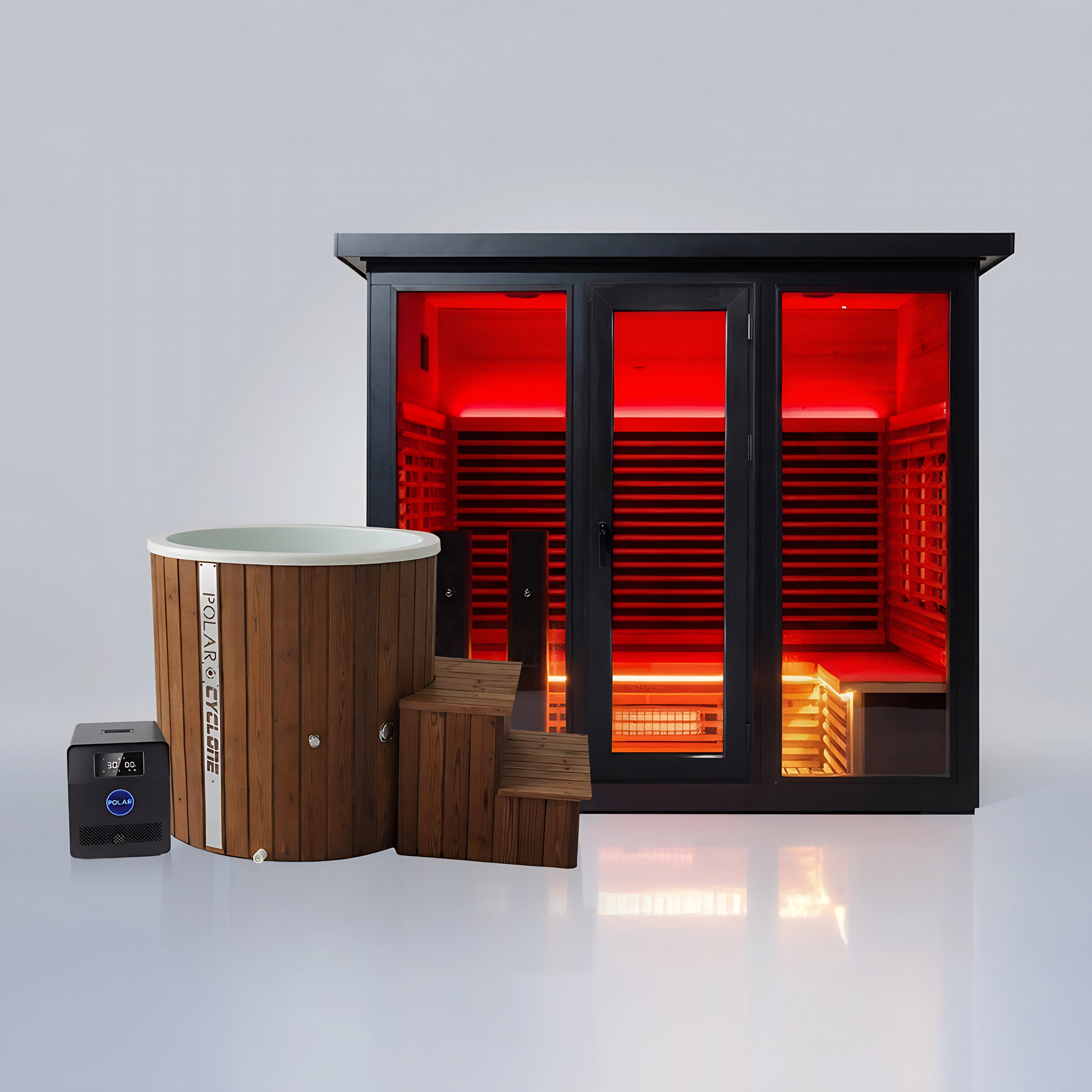 Polar Recovery Eclipse 5 person outdoor infrared sauna with wood Cyclone ice bath bundle