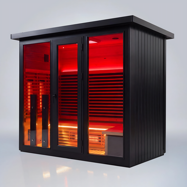 Polar Recovery Eclipse 5 person outdoor infrared sauna, black angled view on a white background