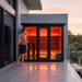 Polar Recovery Eclipse 5 person outdoor infrared sauna on terrace at sunset with man