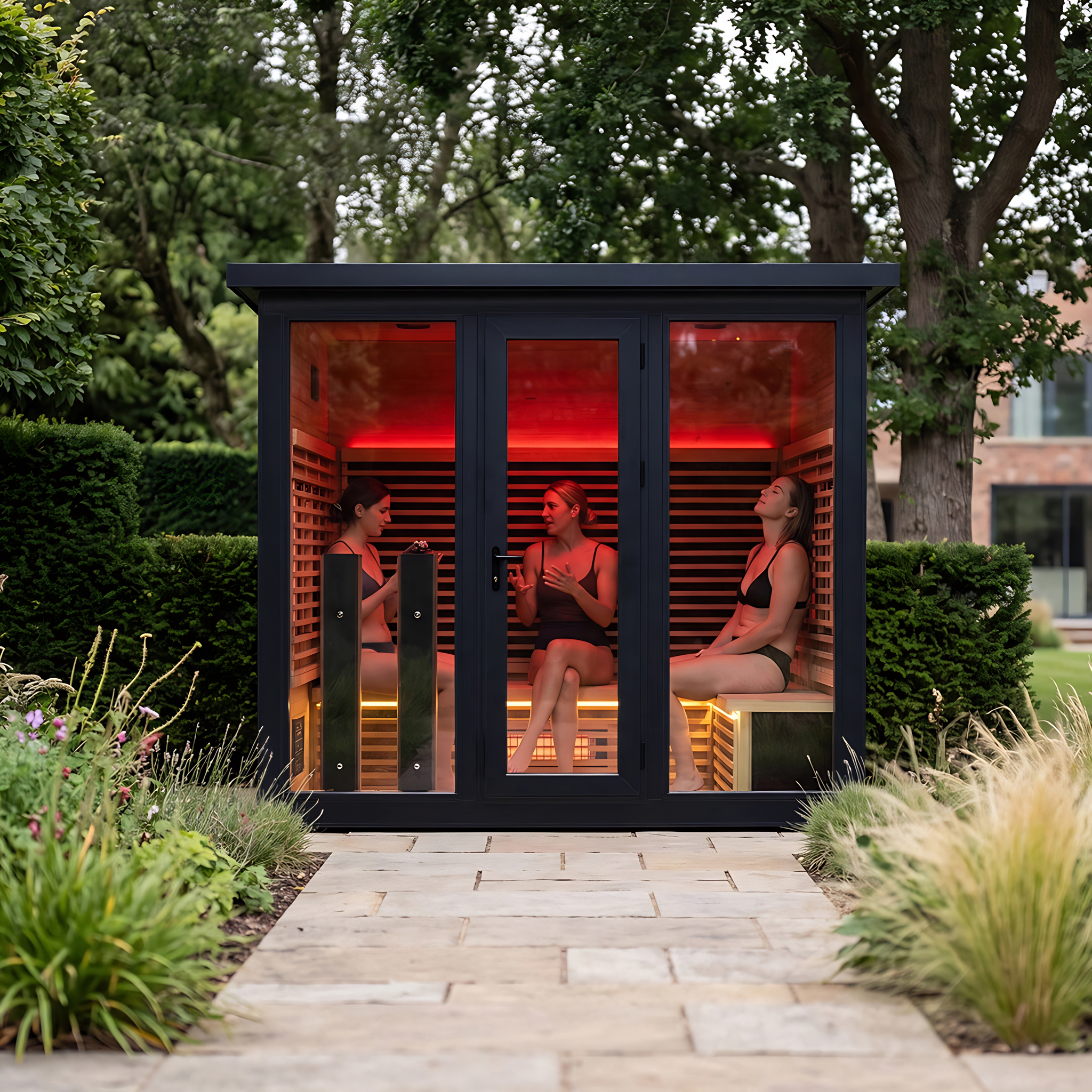 Polar Recovery Eclipse 5 person outdoor infrared sauna, three women inside in garden