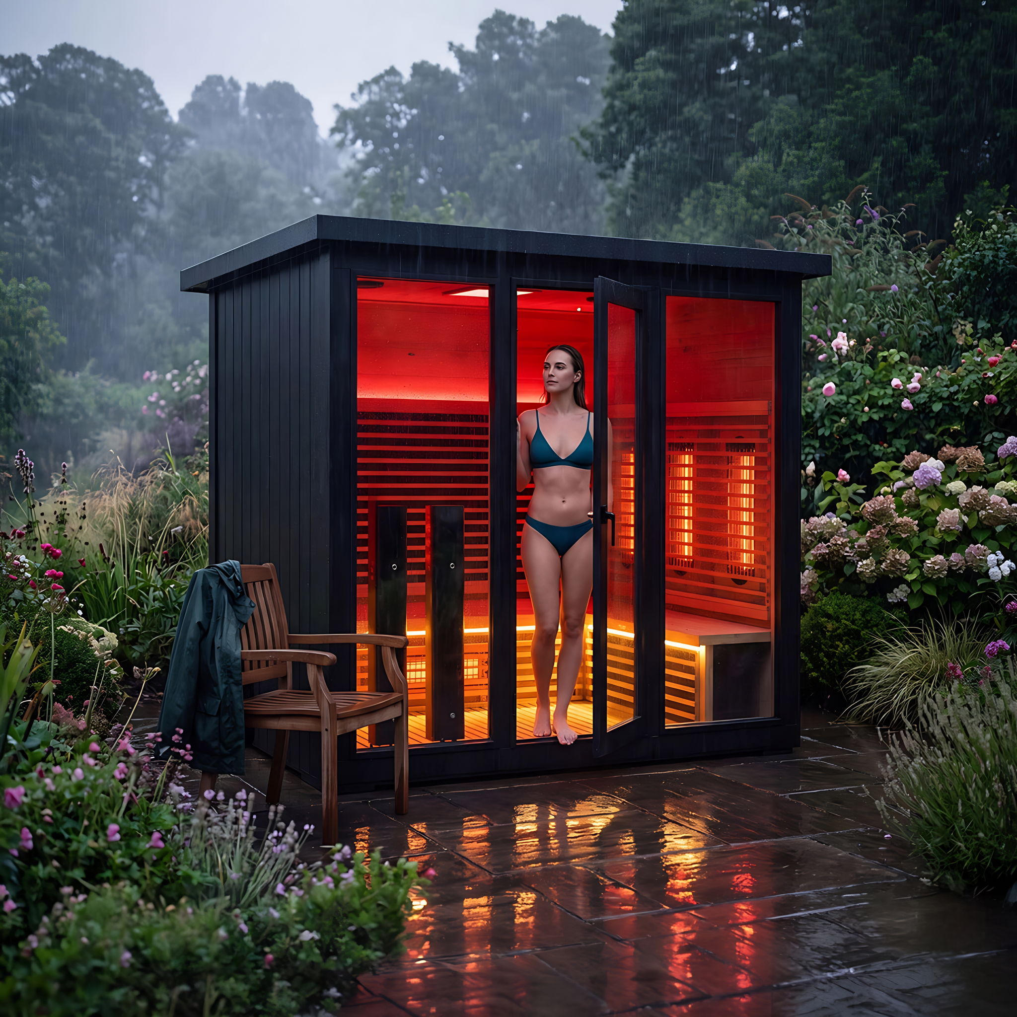 Polar Recovery Eclipse 5 person outdoor infrared sauna, woman inside in rainy garden