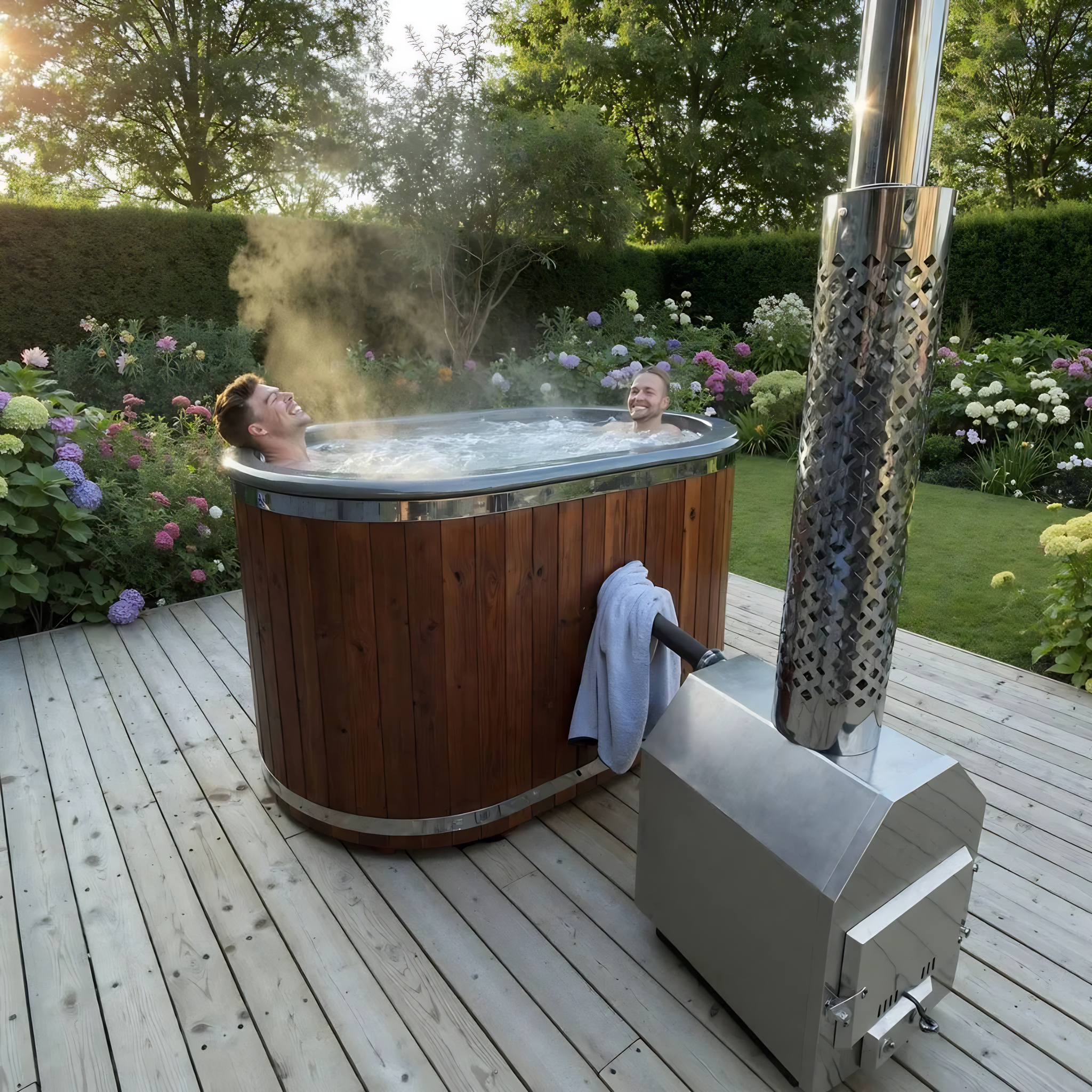 Polar Recovery Ember wood fired hot tub, couple relaxing with stove on decking