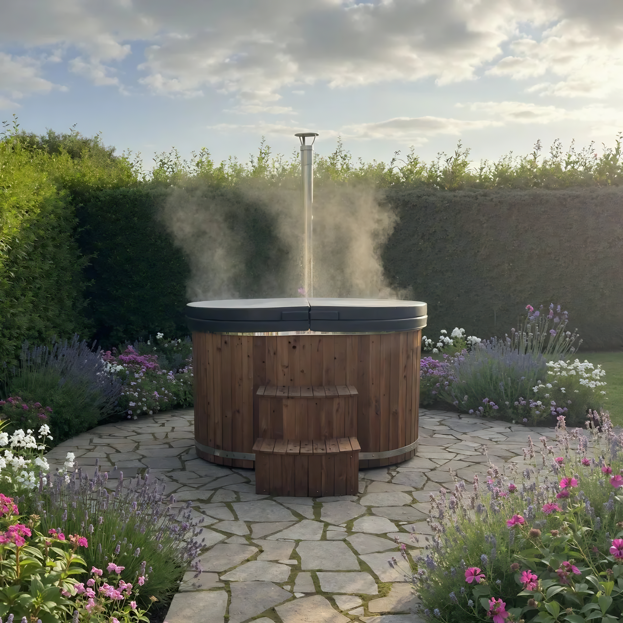 Polar Recovery Ember wood fired hot tub, steaming on stone garden patio