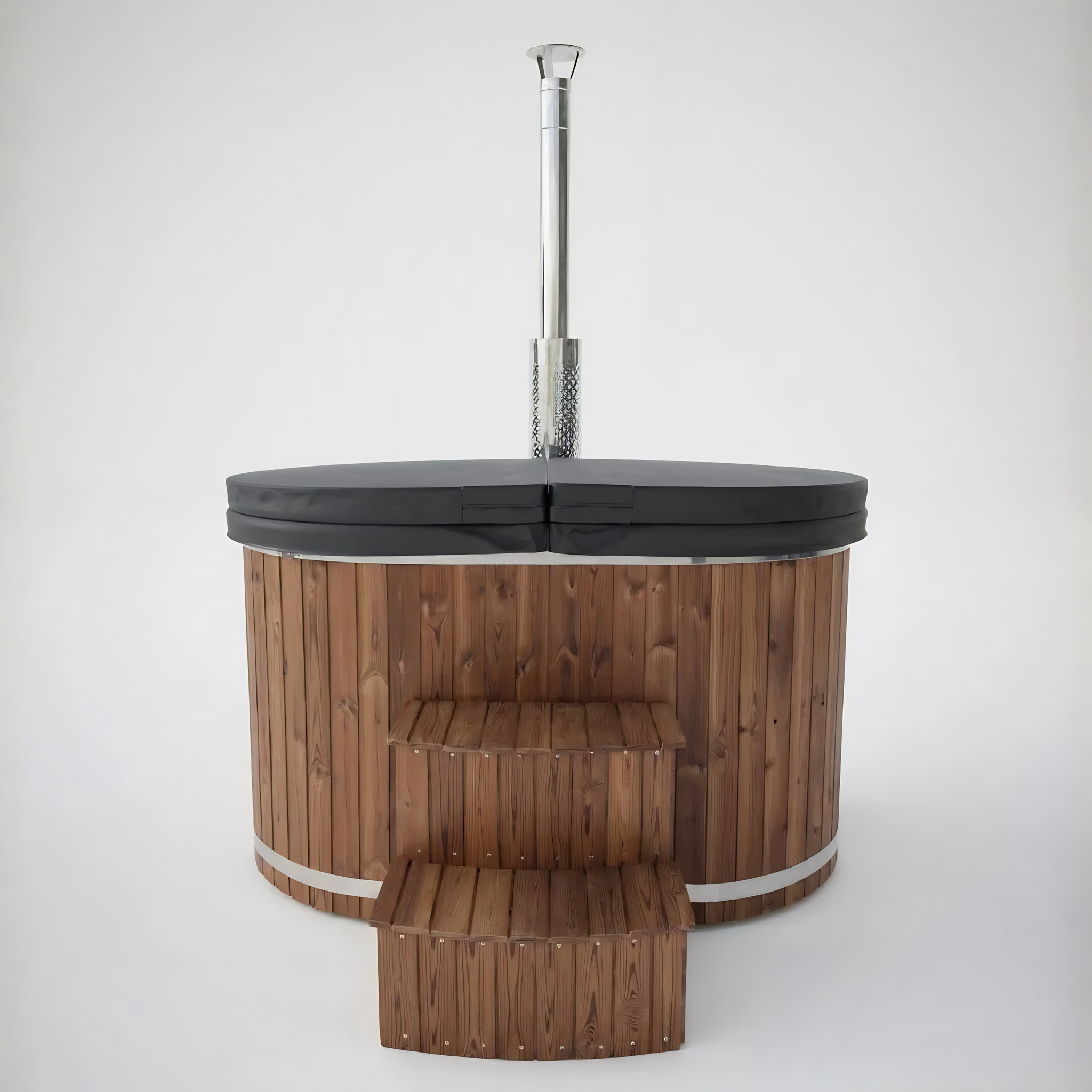 Polar Recovery Ember wood fired hot tub with cover and steps, front view