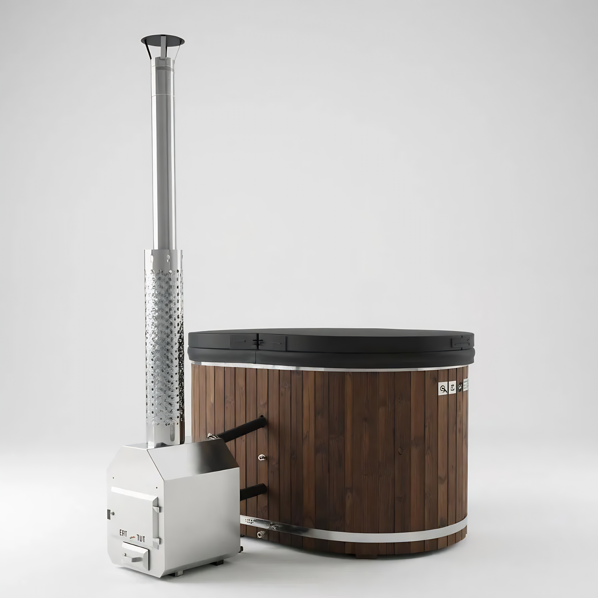 Polar Recovery Ember wood fired hot tub with external stove, side view