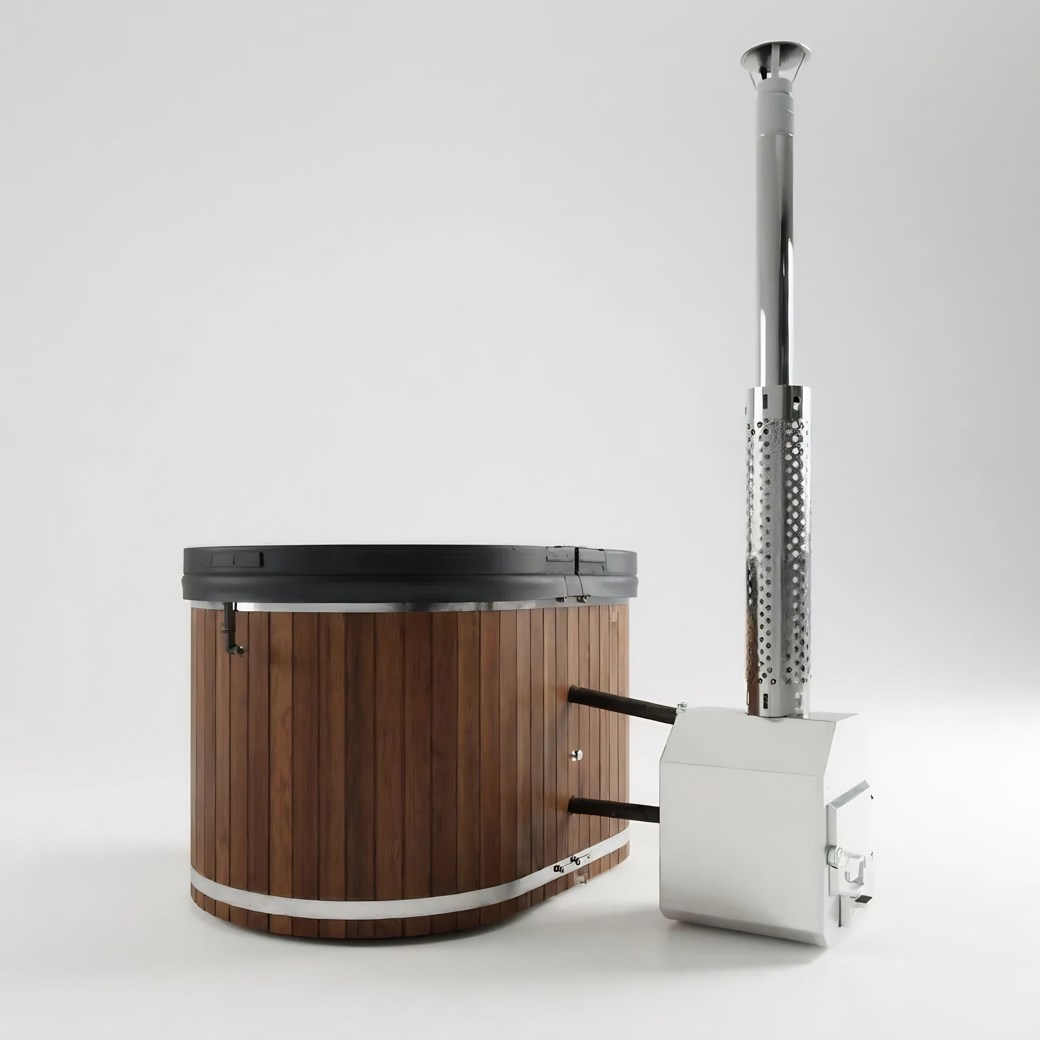 Polar Recovery Ember wood fired hot tub with stove and chimney, rear view
