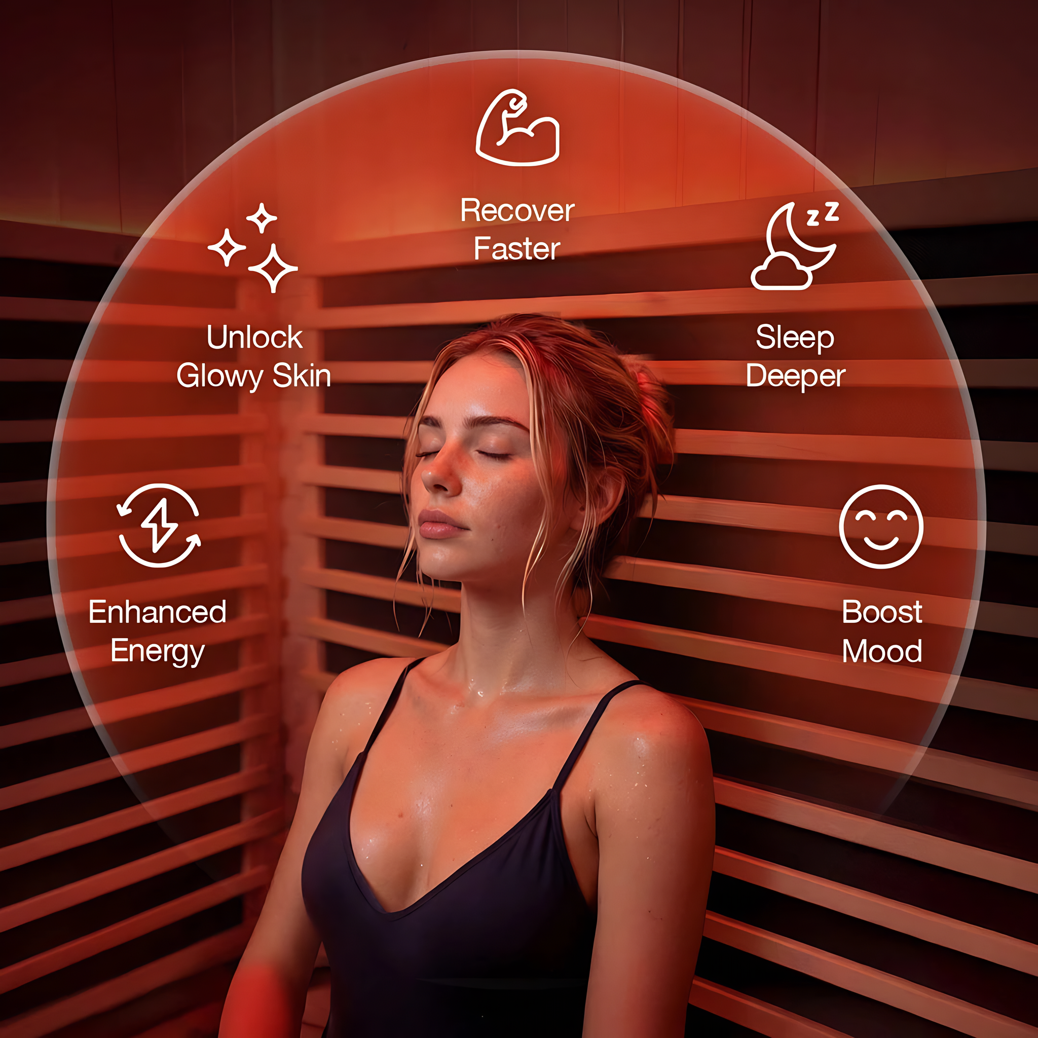 Polar Recovery Nova 1 person infrared sauna, benefits graphic with woman