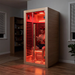 Polar Recovery Nova 1 person infrared sauna, man reading inside at home