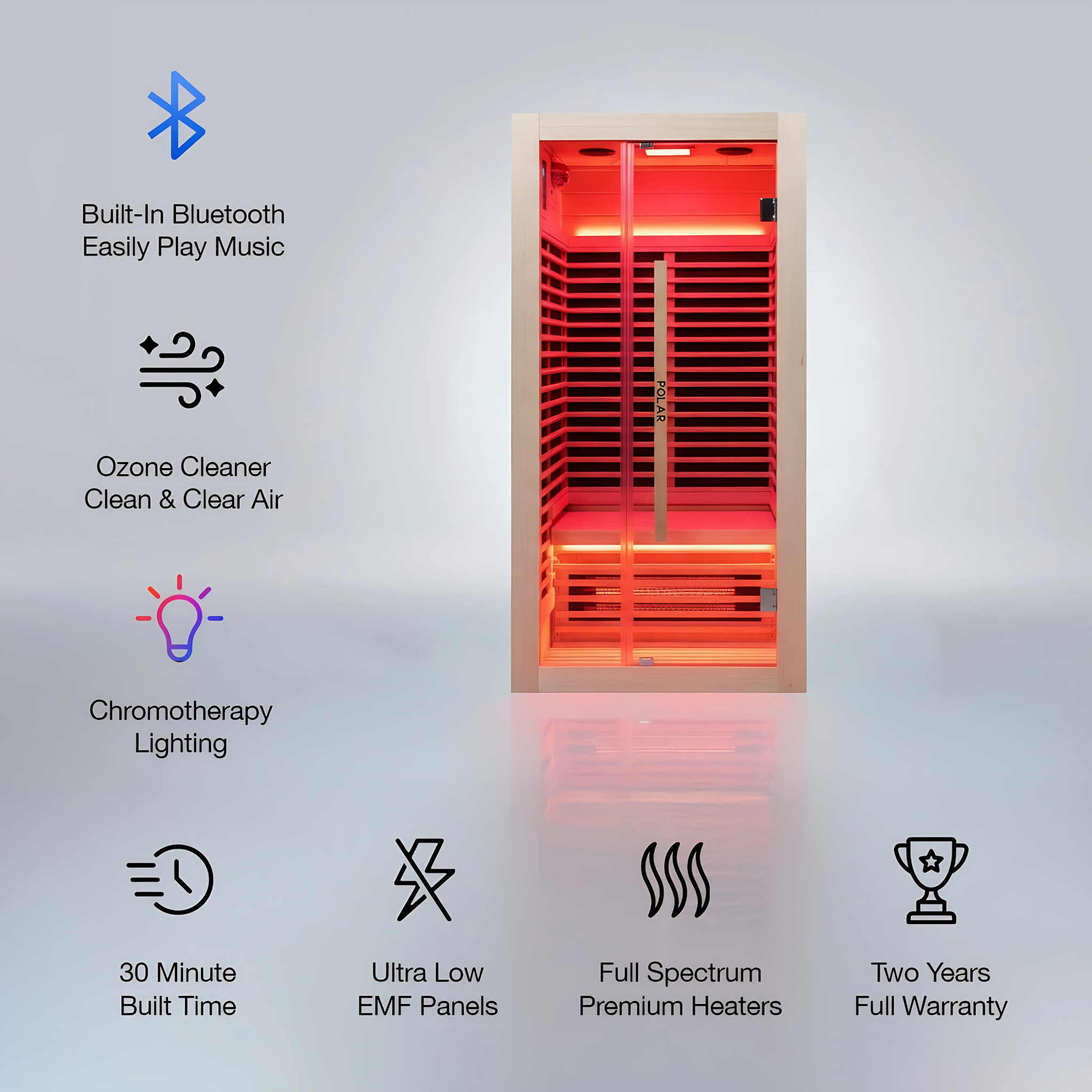 Polar Recovery Nova 1 person infrared sauna with feature icons