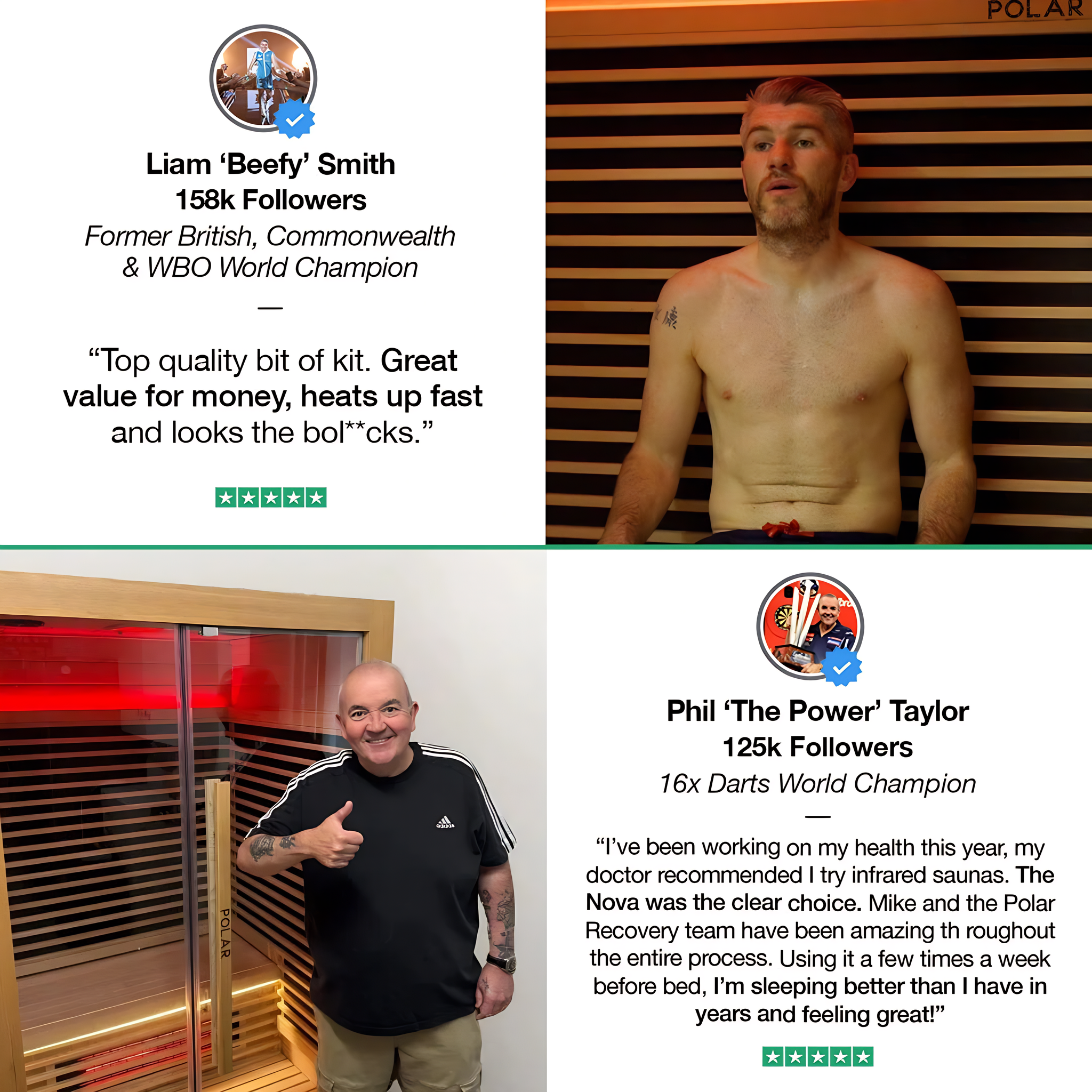 Polar Recovery Nova 2 person infrared sauna, boxer and darts champion testimonials