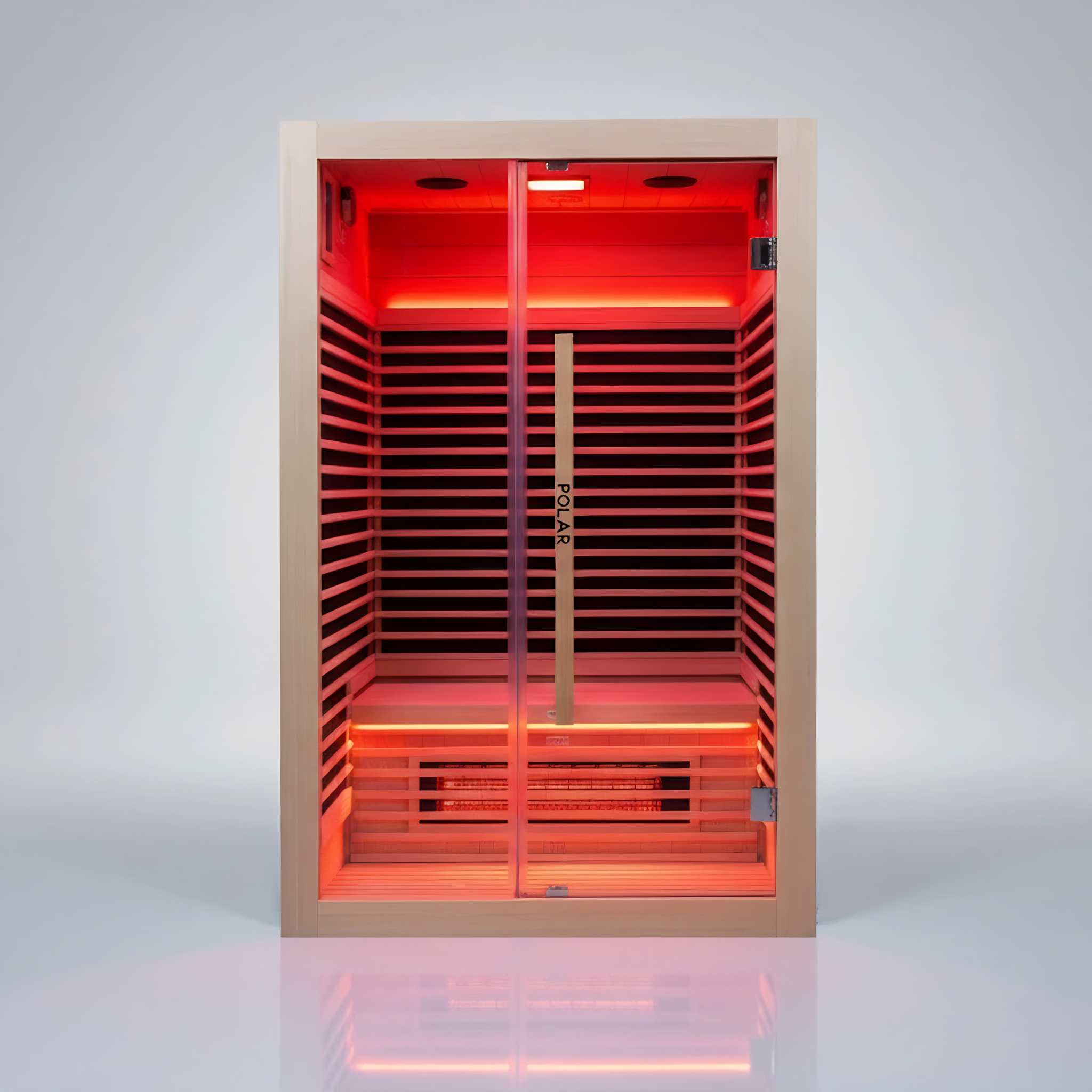Polar Recovery Nova 2 person infrared sauna, front view on a white background