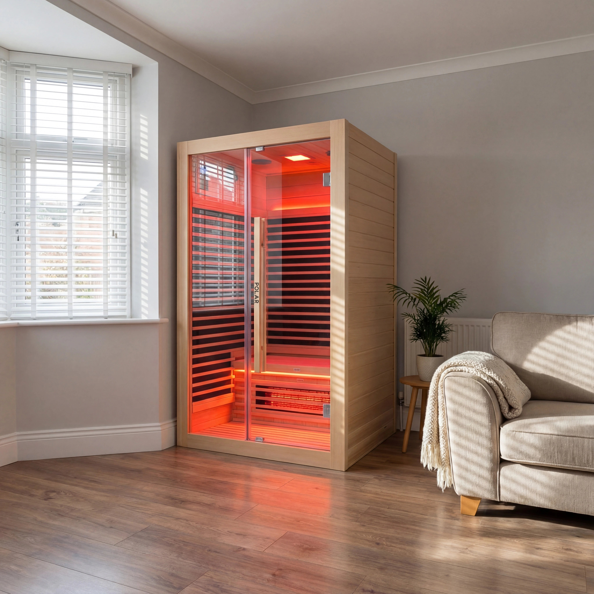 Polar Recovery Nova 2 person infrared sauna in bright living room