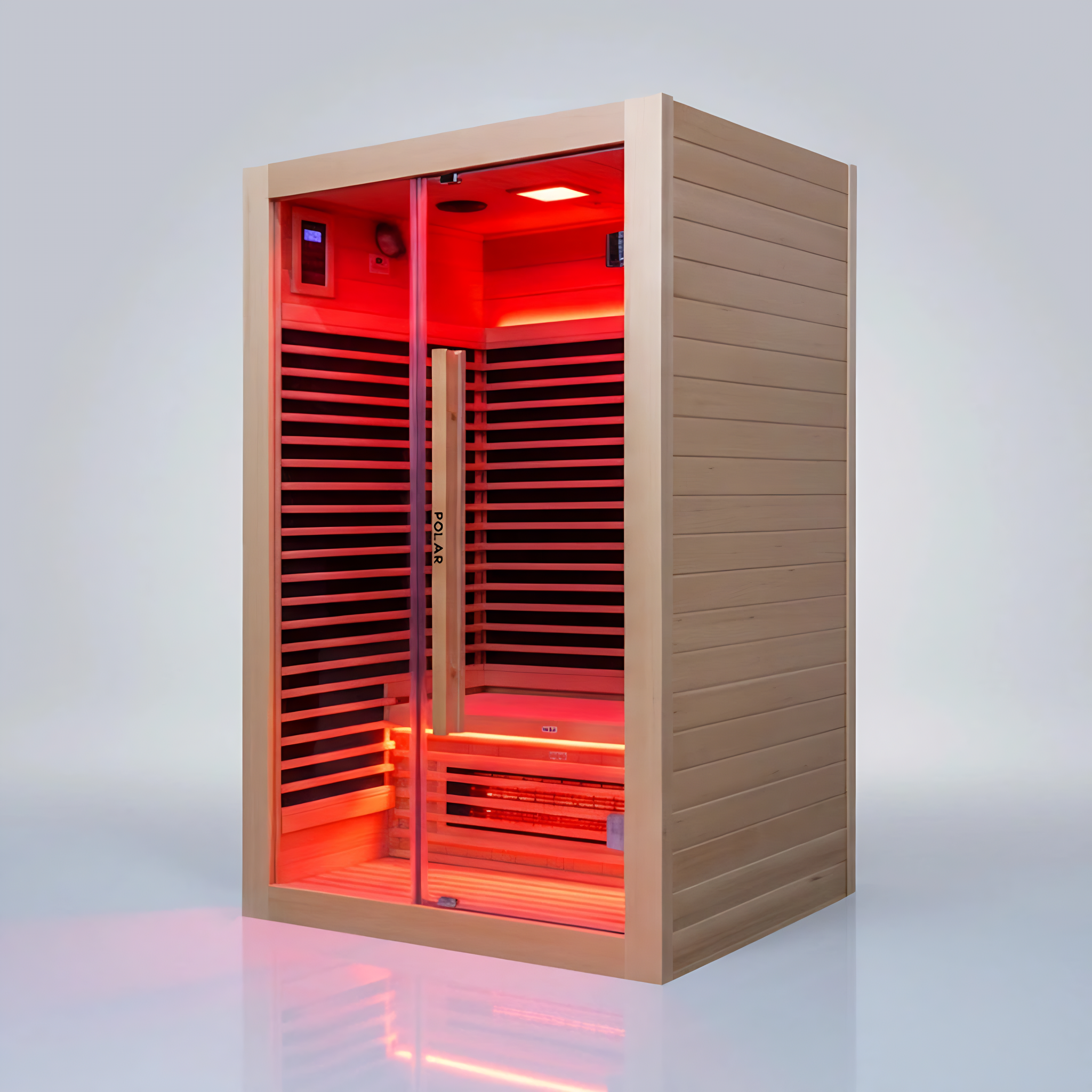 Polar Recovery Nova 2 person infrared sauna, red light angled view on a white background