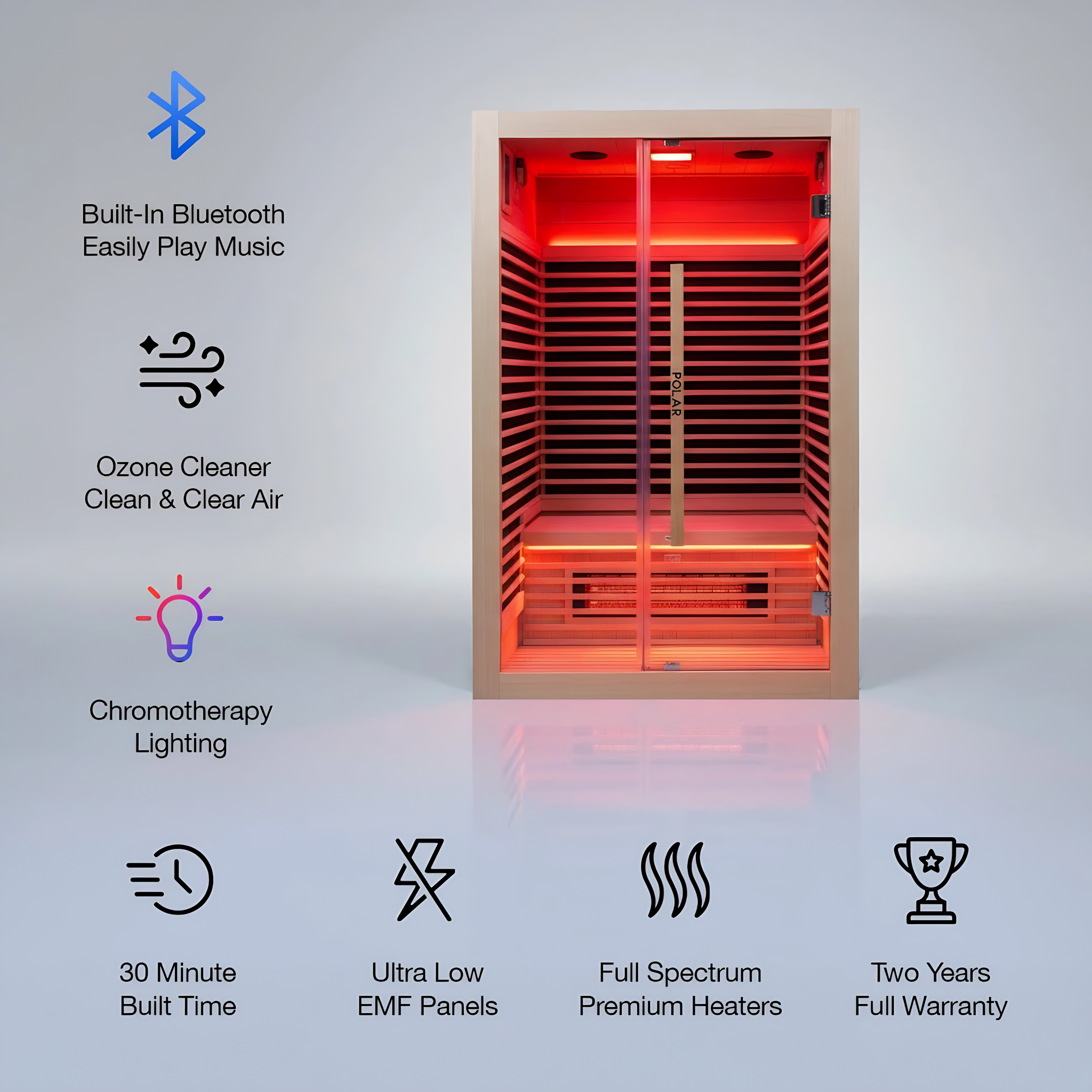 Polar Recovery Nova 2 person infrared sauna with feature icons