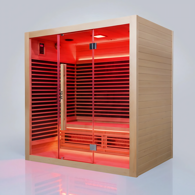 Polar Recovery Nova 4 person infrared sauna, red light angled view on a white background
