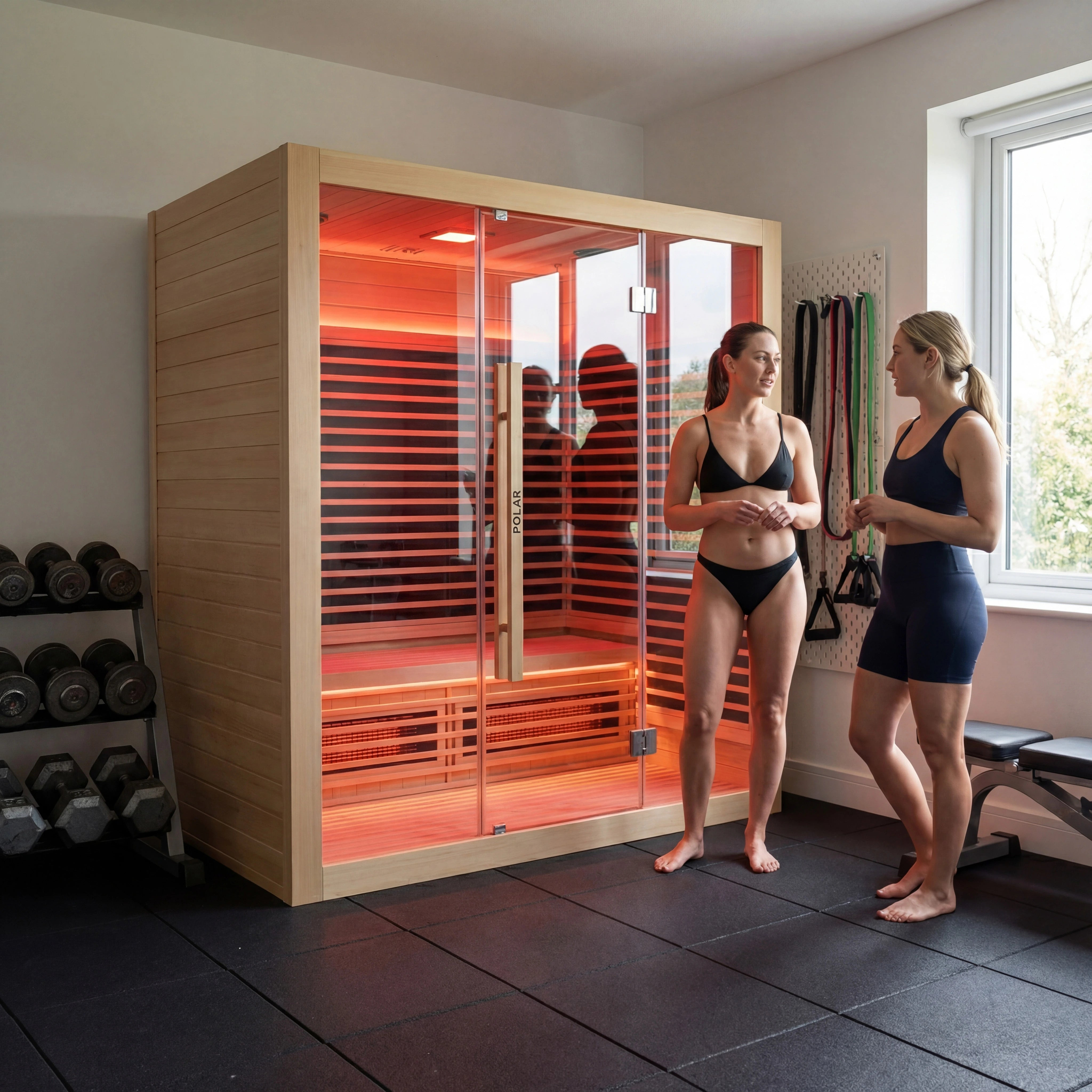 Polar Recovery Nova 4 person infrared sauna, two women in home gym