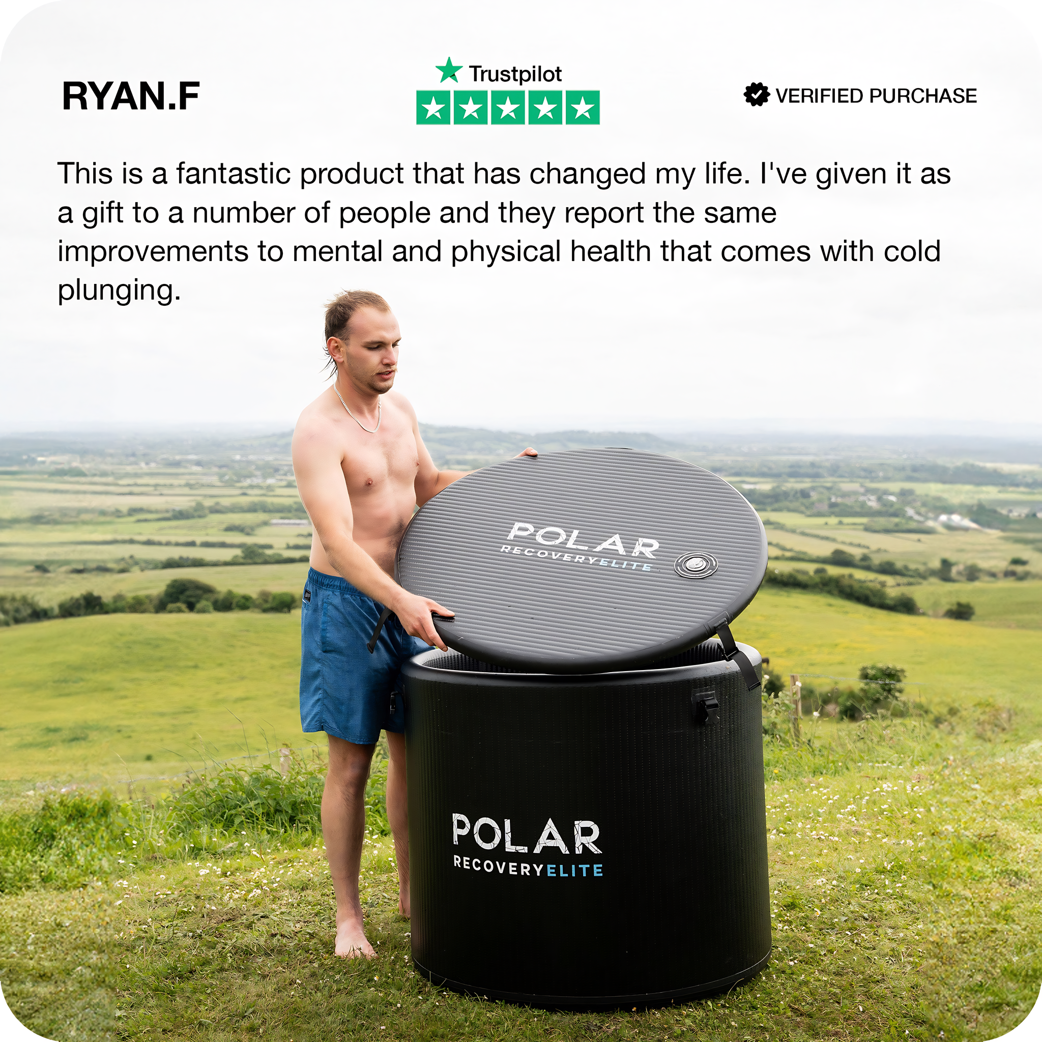 Polar Recovery Elite portable ice bath, customer review with man lifting the lid in the countryside
