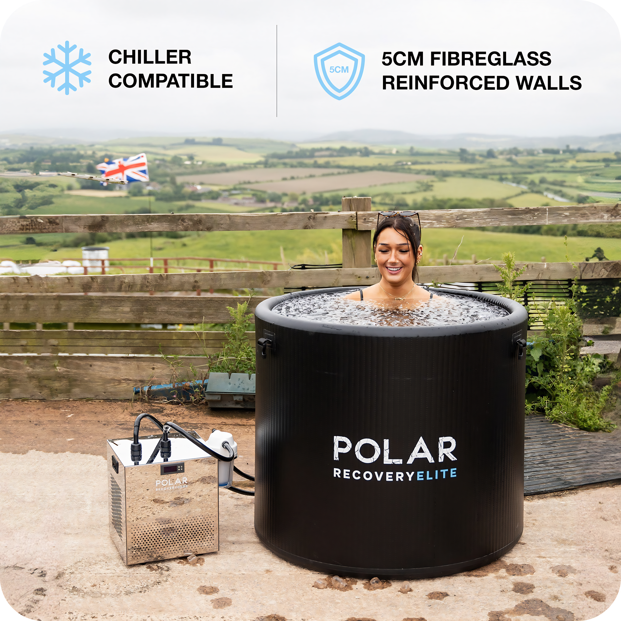Polar Recovery Elite portable ice bath, woman bathing with chiller compatible graphic