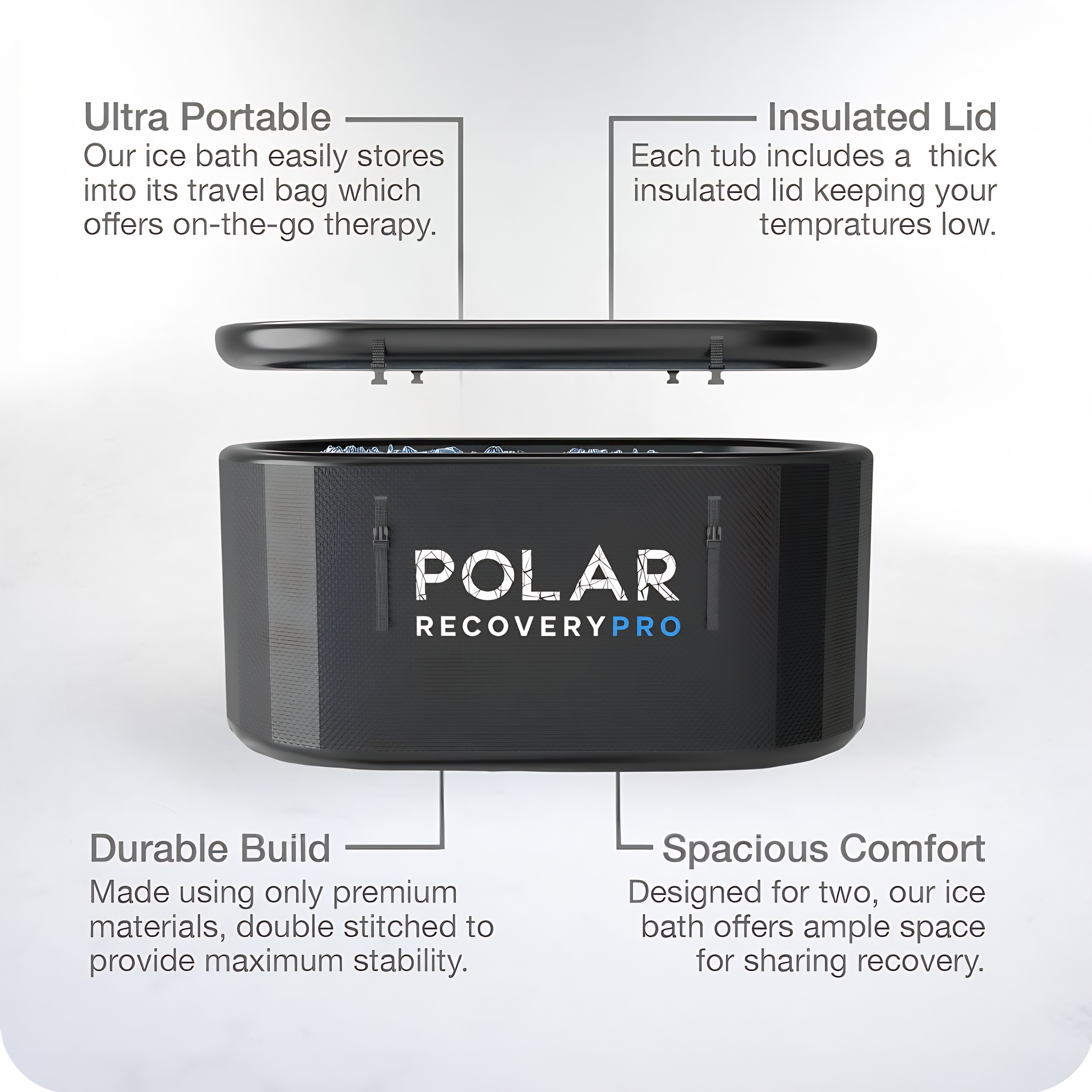 Polar Recovery Pro inflatable ice bath in black, features diagram