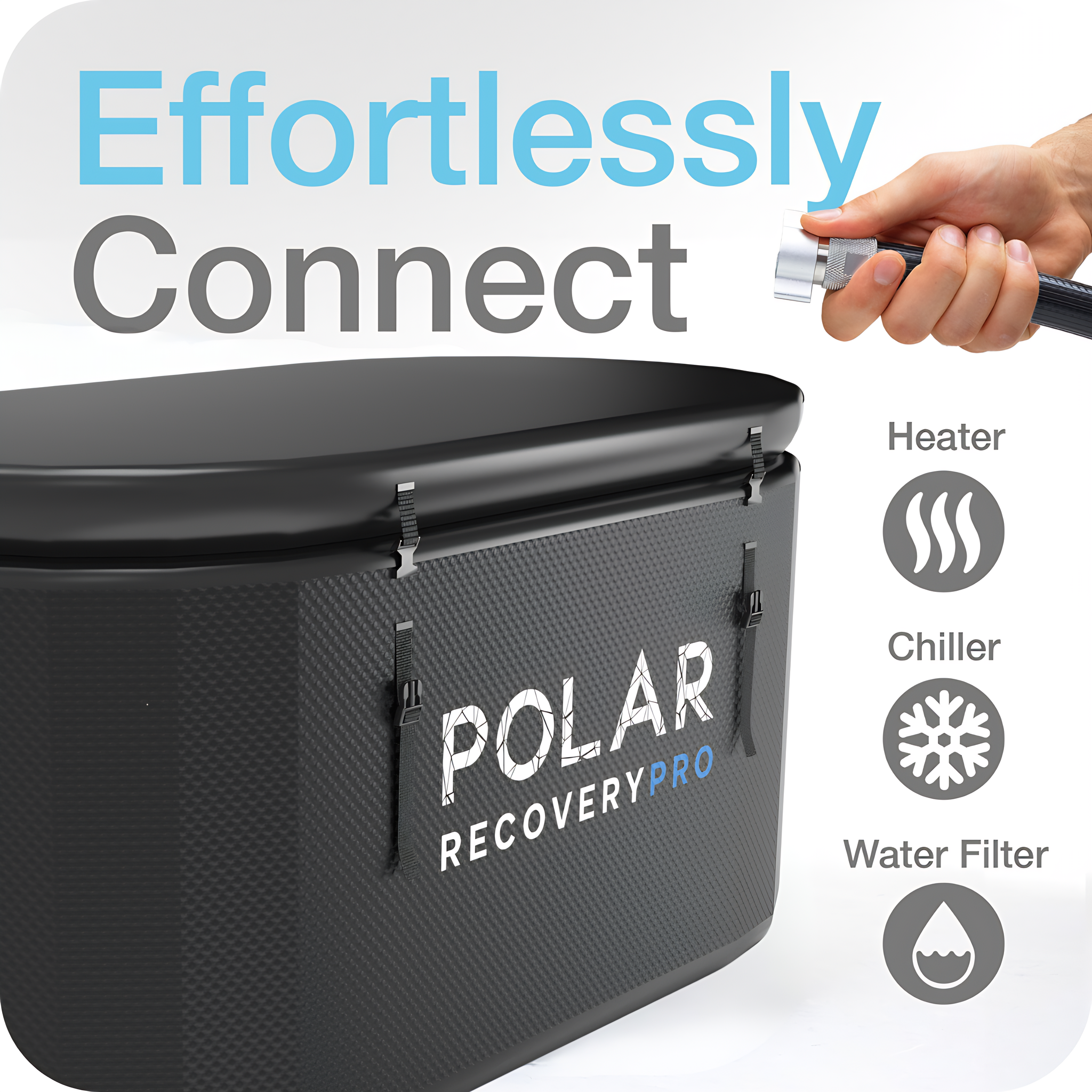 Polar Recovery Pro inflatable ice bath in black, hose connection graphic