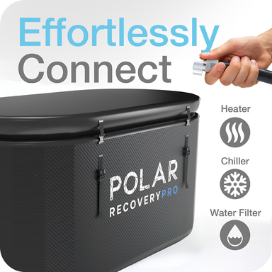 Polar Recovery Pro inflatable ice bath in black, hose connection graphic