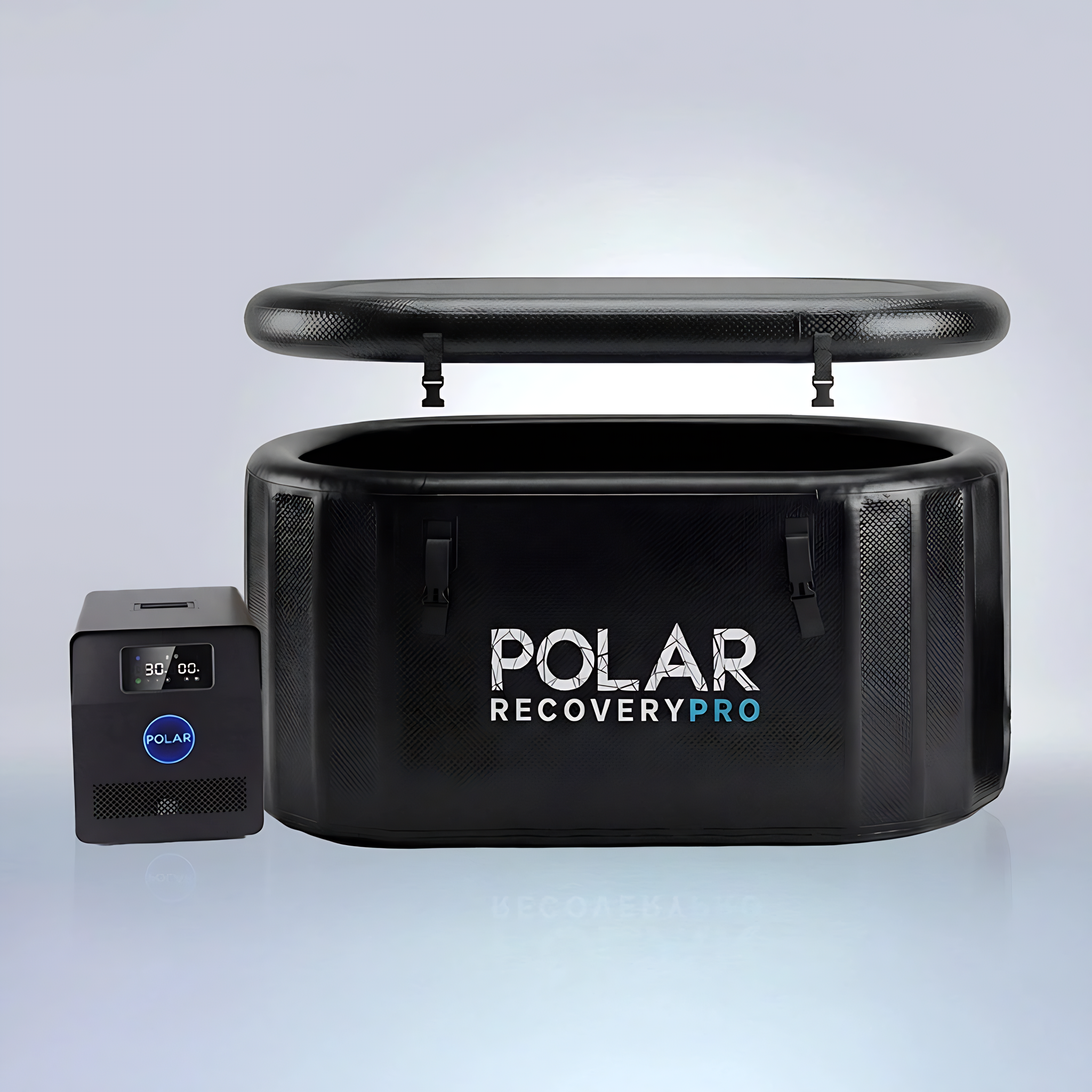 Polar Recovery Pro inflatable ice bath in black with compact digital chiller front view