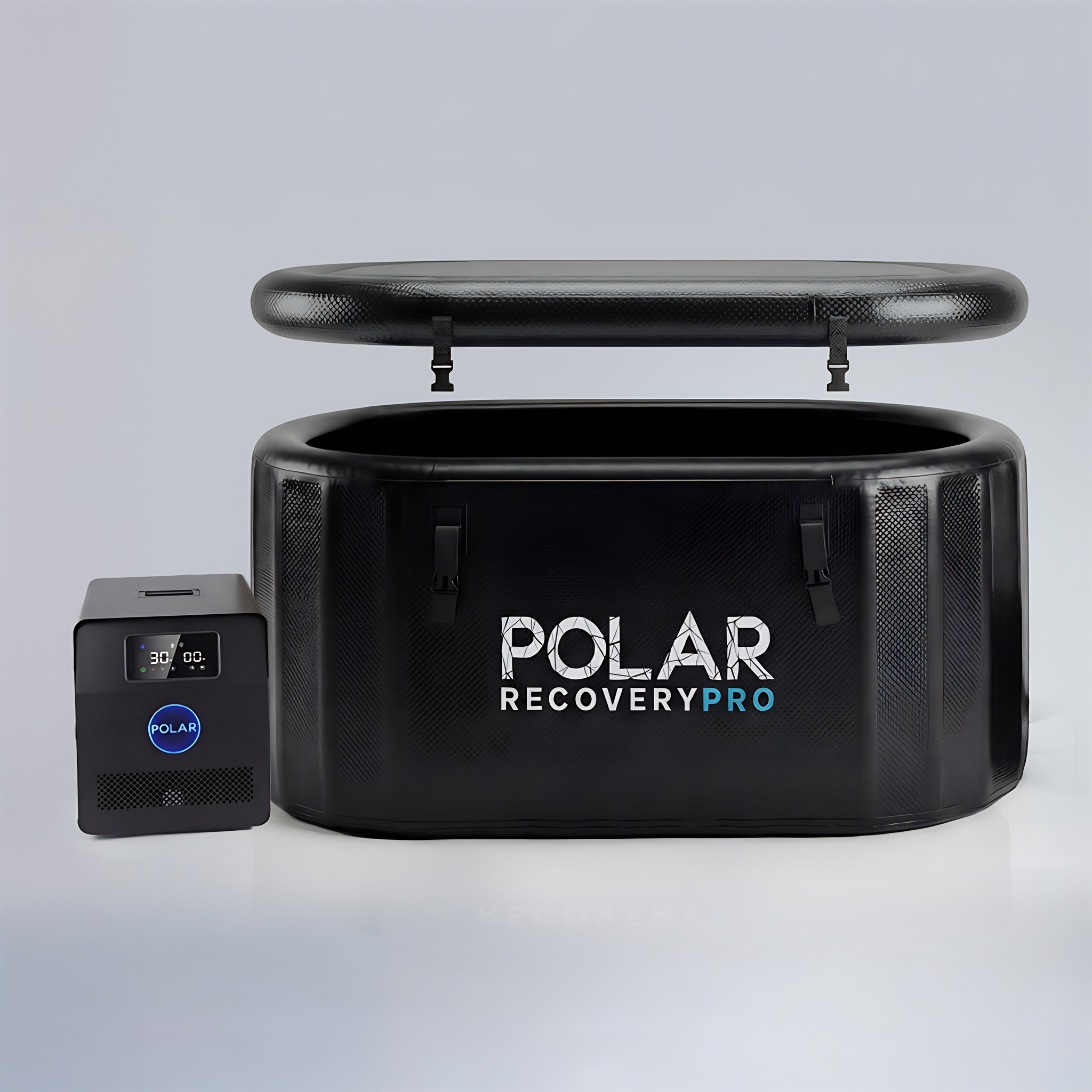 Polar Recovery Pro inflatable ice bath in black with compact digital chiller, studio shot