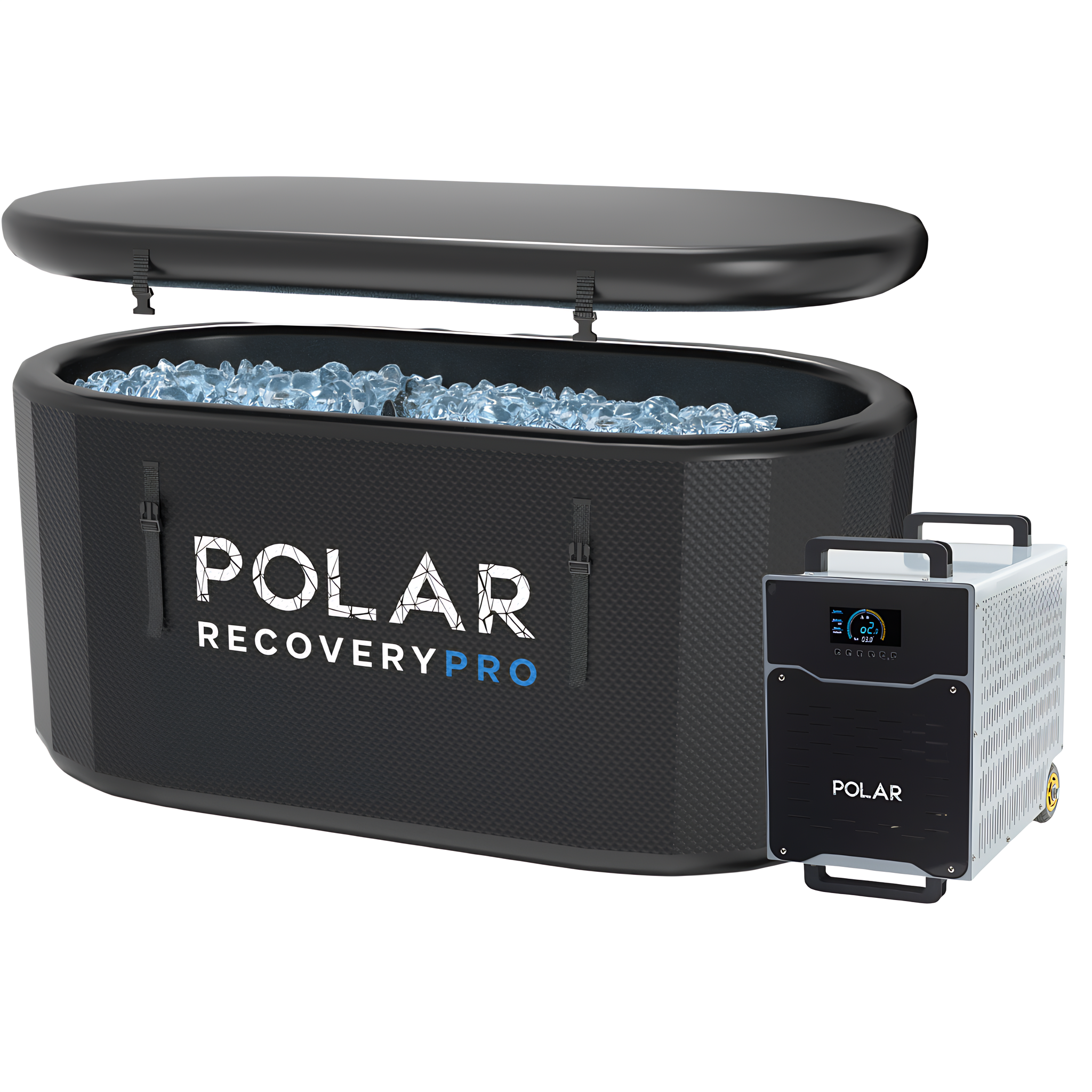 Polar Recovery Pro inflatable ice bath in black with ice and white Polar chiller