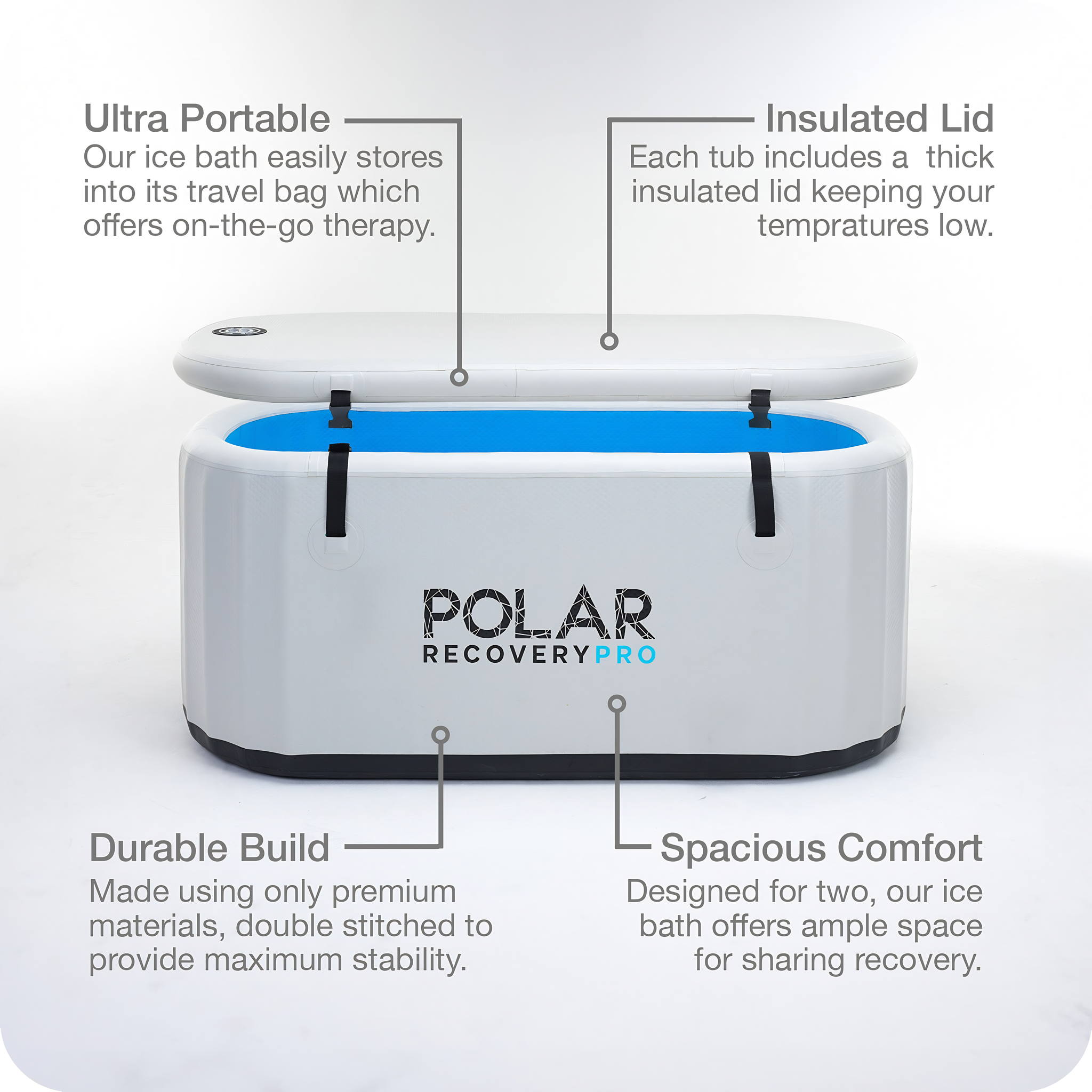 Polar Recovery Pro inflatable ice bath in grey, features diagram