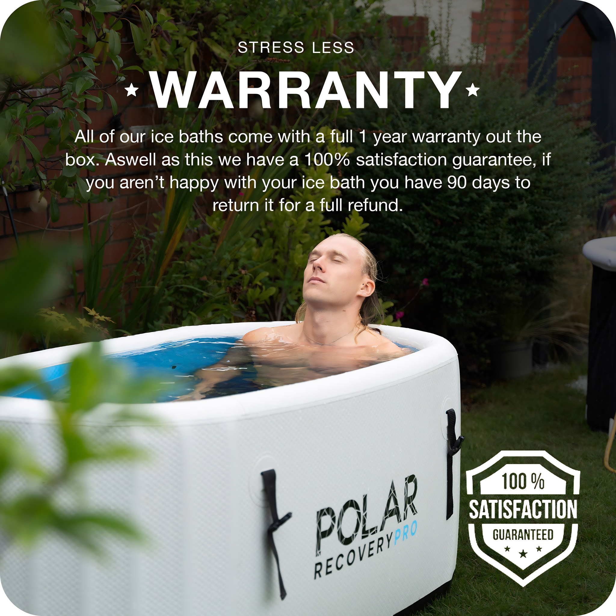 Polar Recovery Pro inflatable ice bath in grey, warranty graphic with man bathing