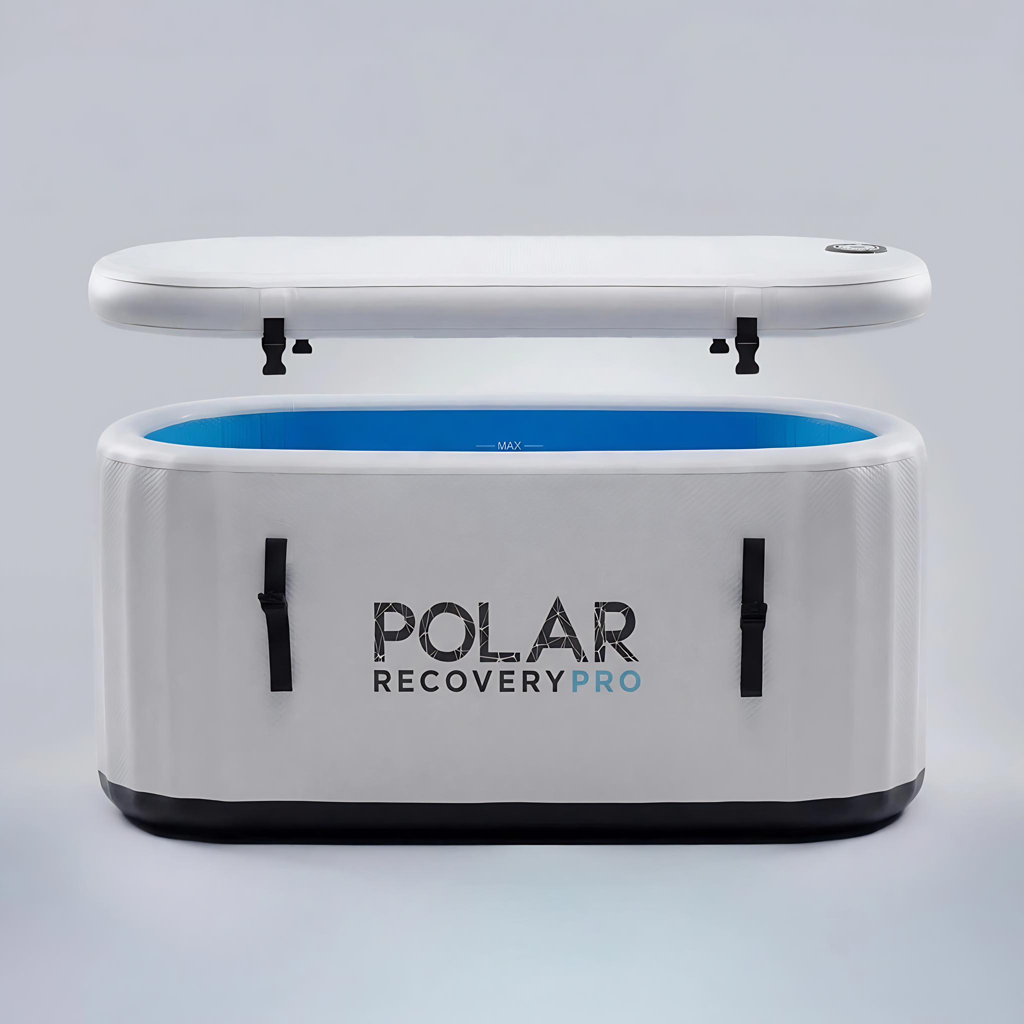 Polar Recovery Pro inflatable ice bath in grey with blue liner, lid raised