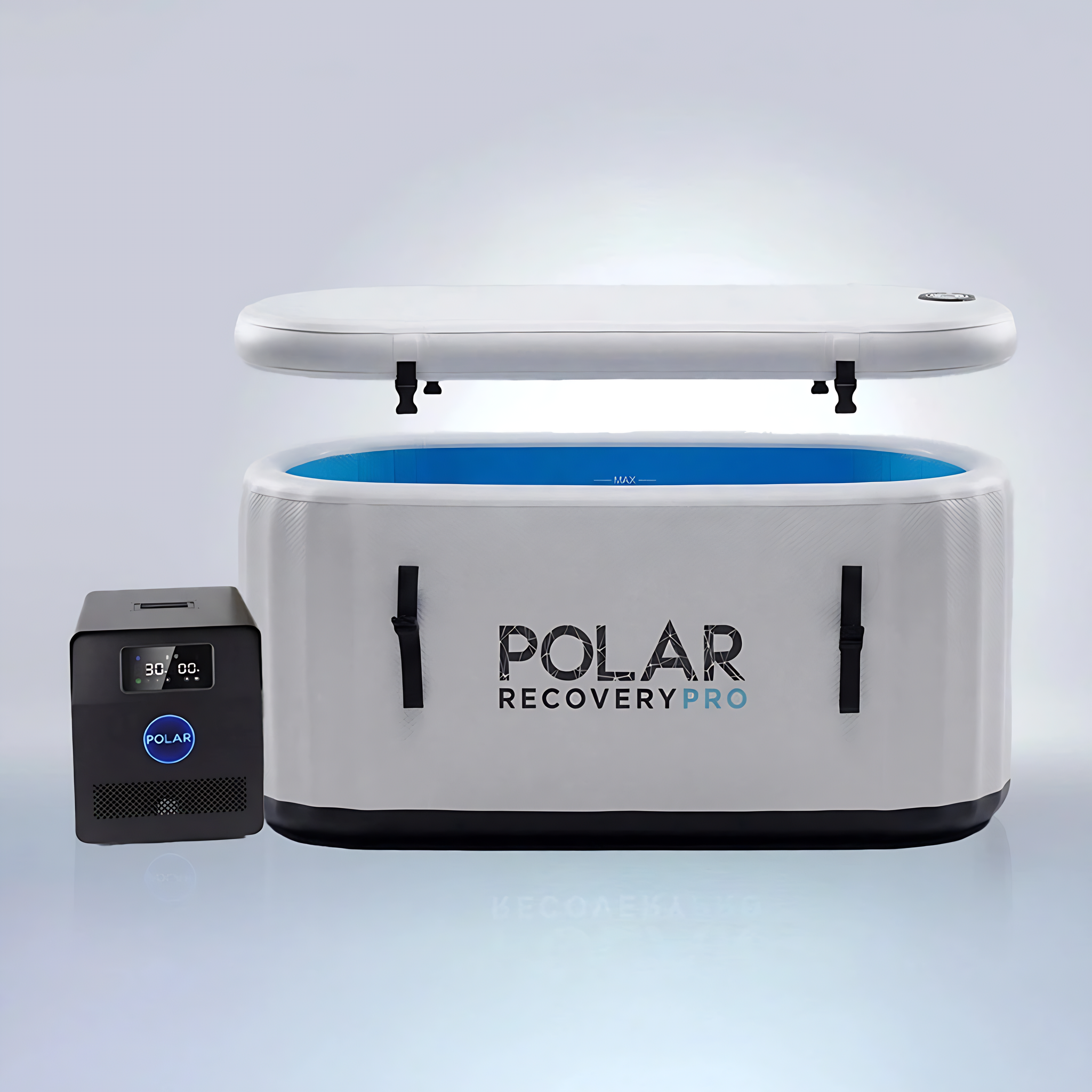 Polar Recovery Pro inflatable ice bath in grey with compact digital chiller