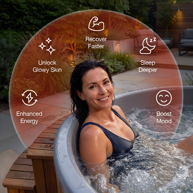 Polar Recovery Royal round wood fired hot tub, benefits graphic with woman